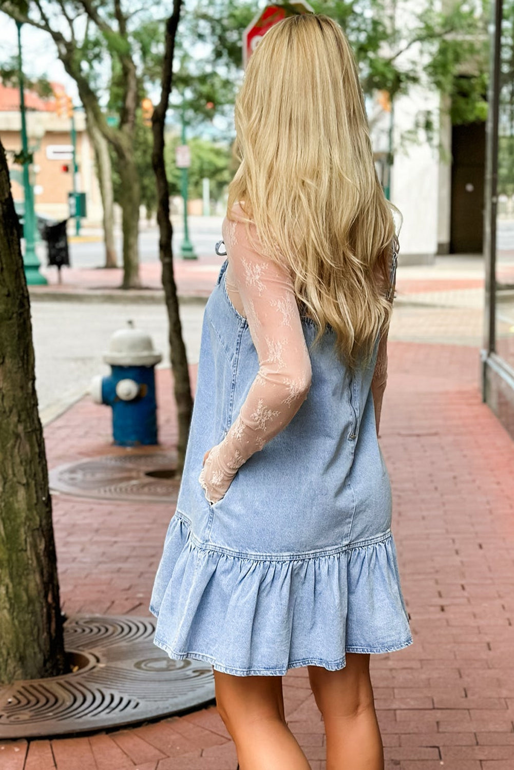 Beau Blue Bow Detail Spaghetti Straps Ruffle Hem Denim Short Dress-Dresses/Mini Dresses-[Adult]-[Female]-2022 Online Blue Zone Planet