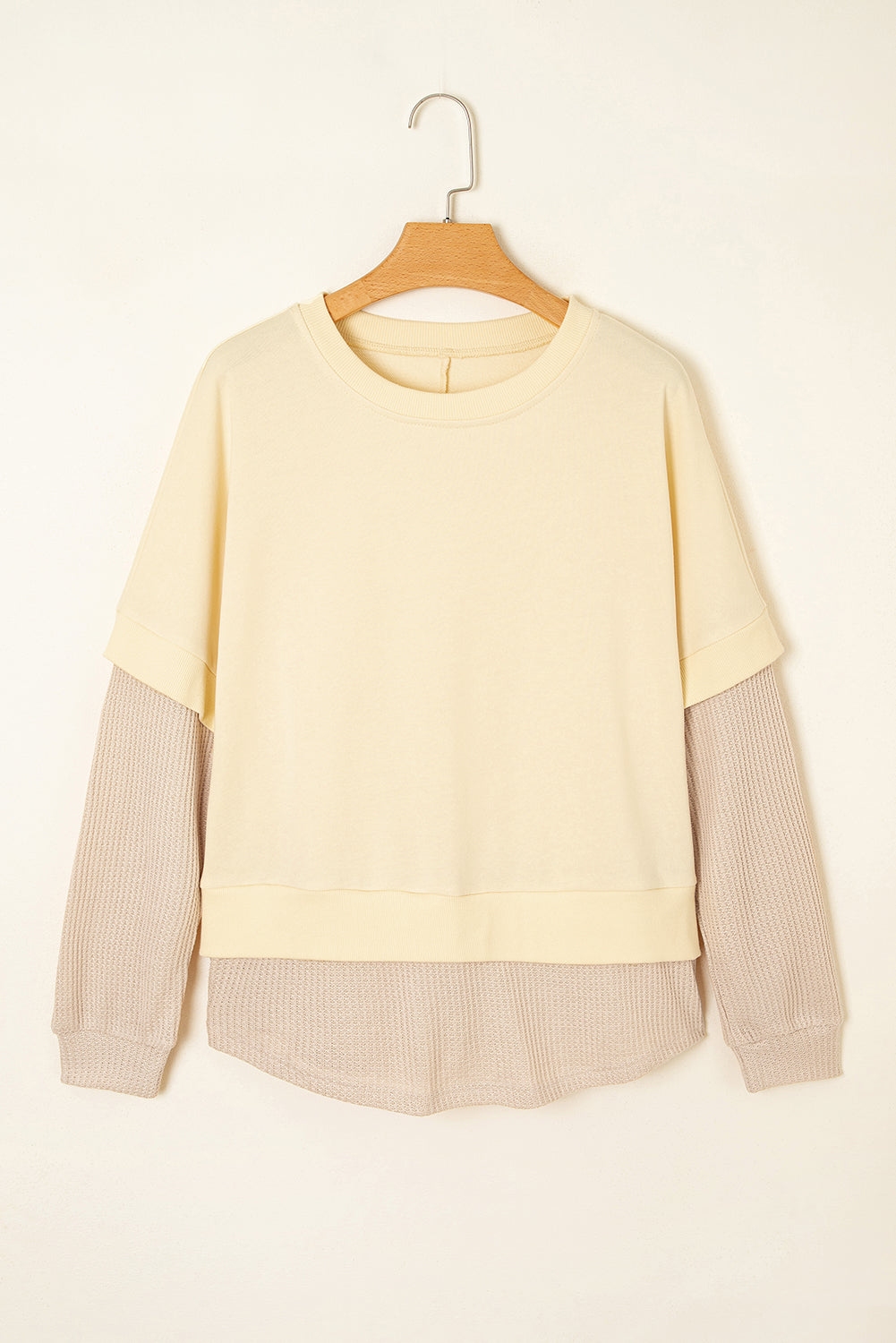 Apricot 2 In 1 Faux Two Piece Patchwork Round Neck Sweatshirt-Tops/Sweatshirts & Hoodies-[Adult]-[Female]-2022 Online Blue Zone Planet