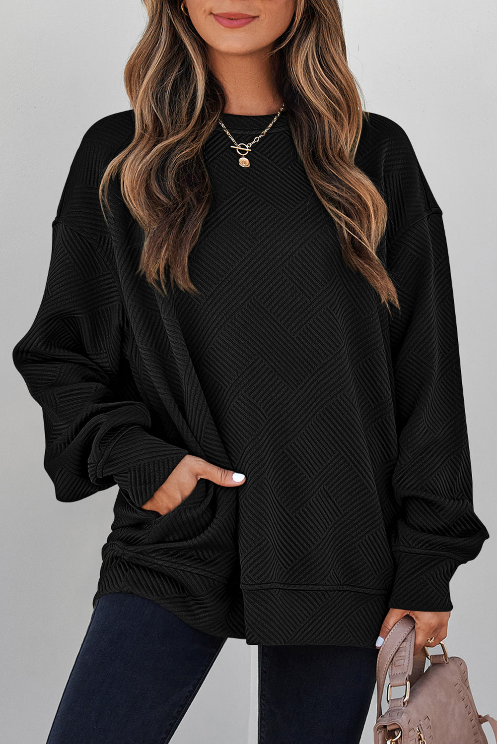 White Solid Color Textured Round Neck Drop Shoulder Pullover Sweatshirt
