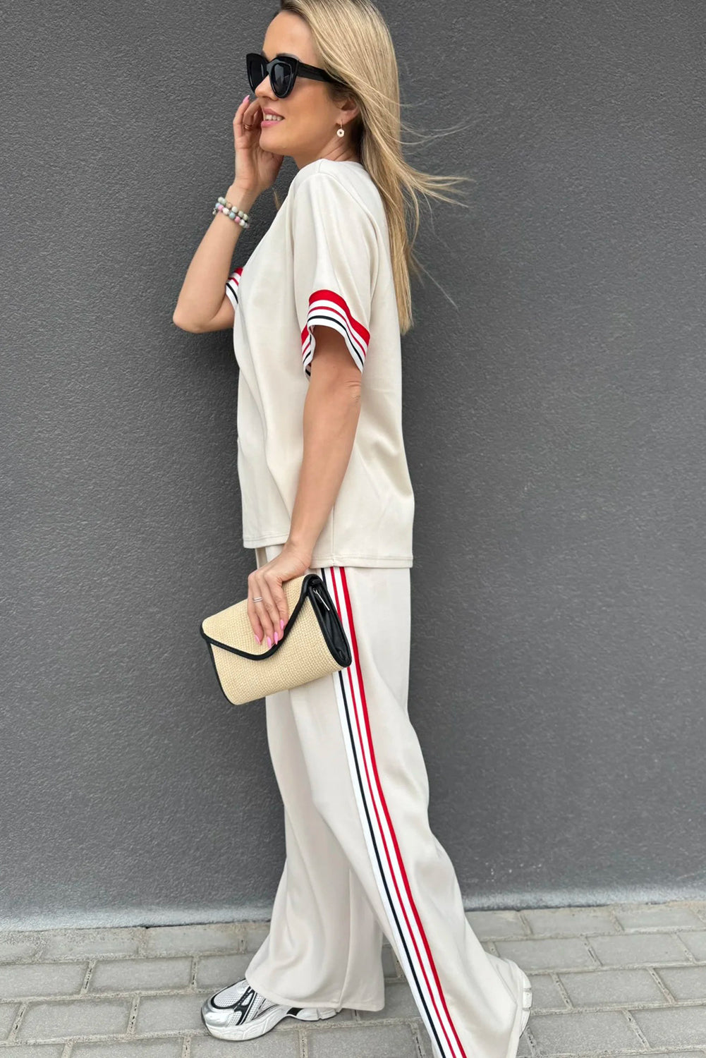 Jet Stream Contrast Striped Trim Crewneck T Shirt Loose Straight Pants Set-Two Piece Sets/Pant Sets-[Adult]-[Female]-2022 Online Blue Zone Planet