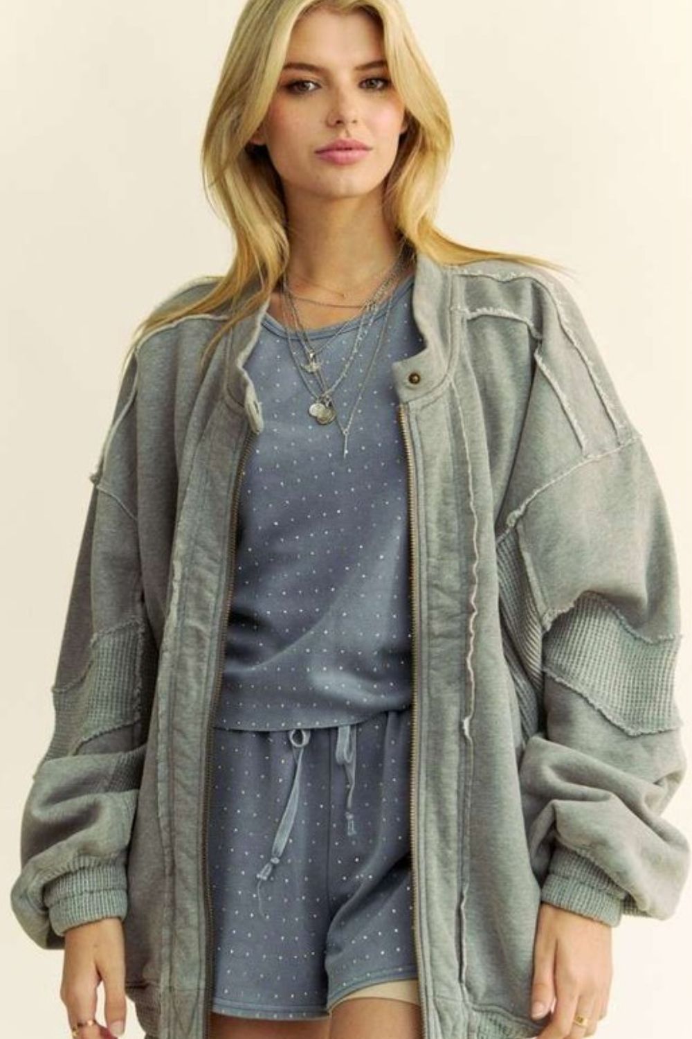 Davi & Dani Exposed Seam Zip Up Dropped Shoulder Jacket-TOPS / DRESSES-[Adult]-[Female]-Grey-S-2022 Online Blue Zone Planet