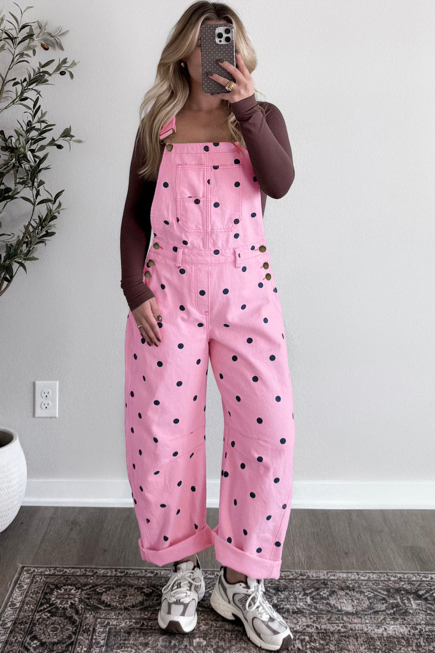 Jet Stream Polka Dot Print Bib Pocket Denim Barrel Overalls Jumpsuit-Bottoms/Jumpsuits & Rompers-[Adult]-[Female]-2022 Online Blue Zone Planet
