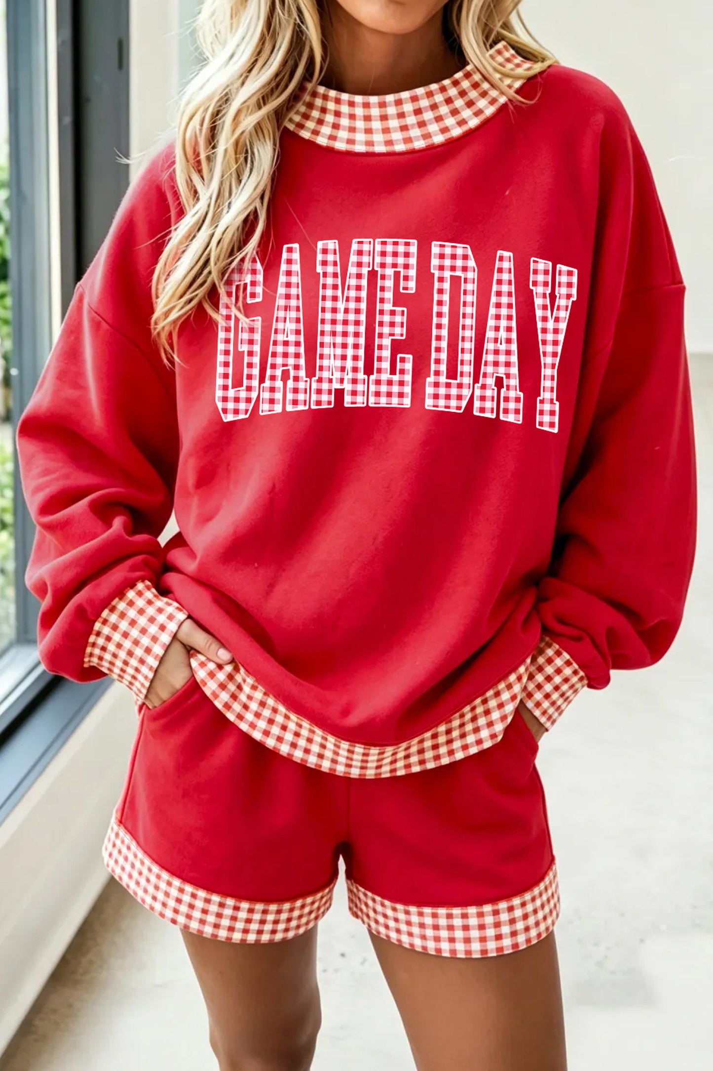 Fiery Red Game Day Gingham Trim Graphic Long Sleeve Top Shorts Set-Graphic/Graphic Sets-[Adult]-[Female]-Fiery Red-S-2022 Online Blue Zone Planet
