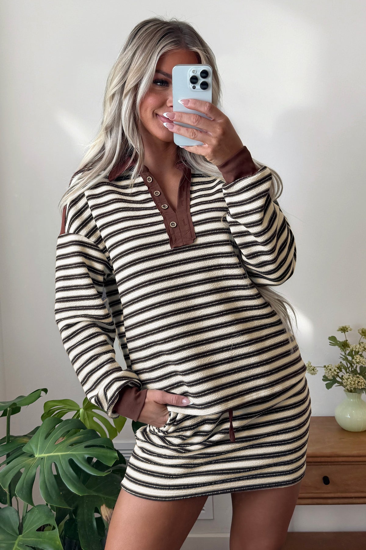 Brown Stripe Contrast Trim Button Neck Long Sleeve Top Drawstring Mini Skirt Set-Two Piece Sets/Two Piece Dresses-[Adult]-[Female]-2022 Online Blue Zone Planet
