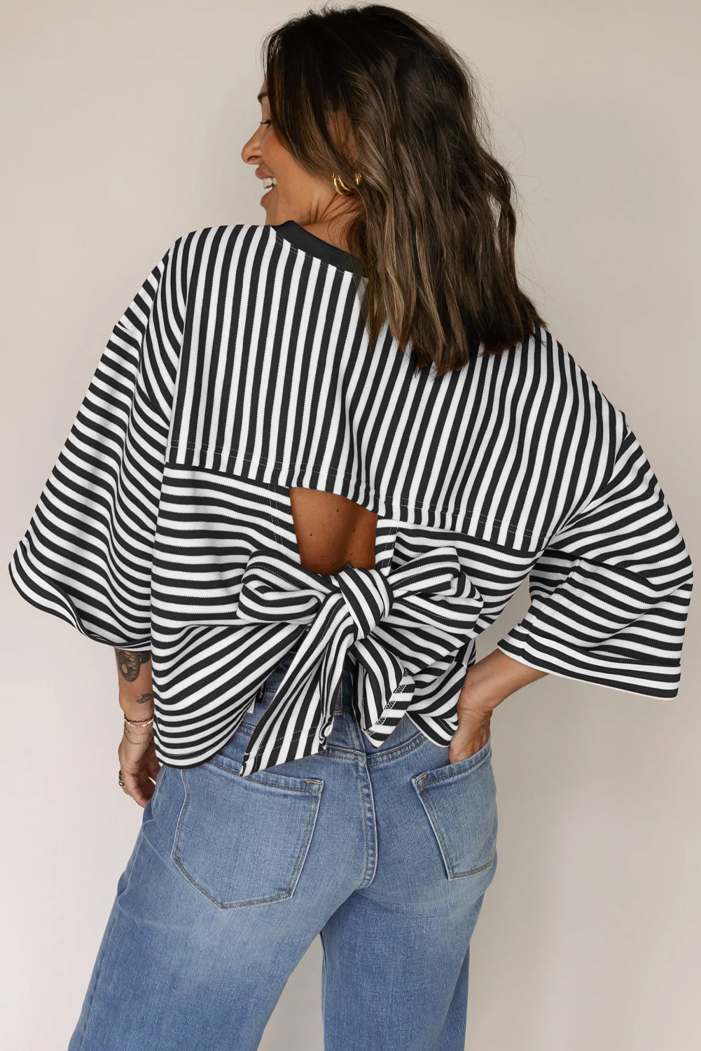 Black Stripe Bowknot Cutout Back Drop Shoulder Wide Bracelet Sleeve Loose Tee-Tops/Tops & Tees-[Adult]-[Female]-2022 Online Blue Zone Planet