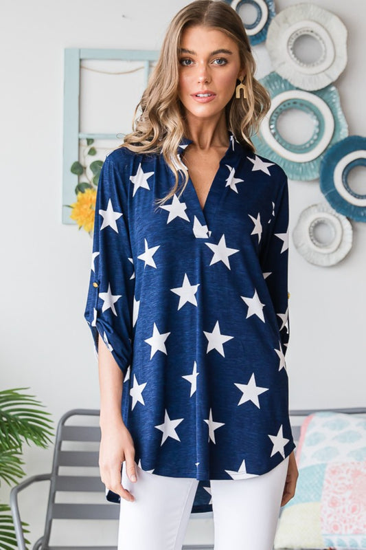 Blue Zone Planet | Heimish Full Size Roll-Tab Sleeve Star Print Top-TOPS / DRESSES-[Adult]-[Female]-Navy Star-S-2022 Online Blue Zone Planet