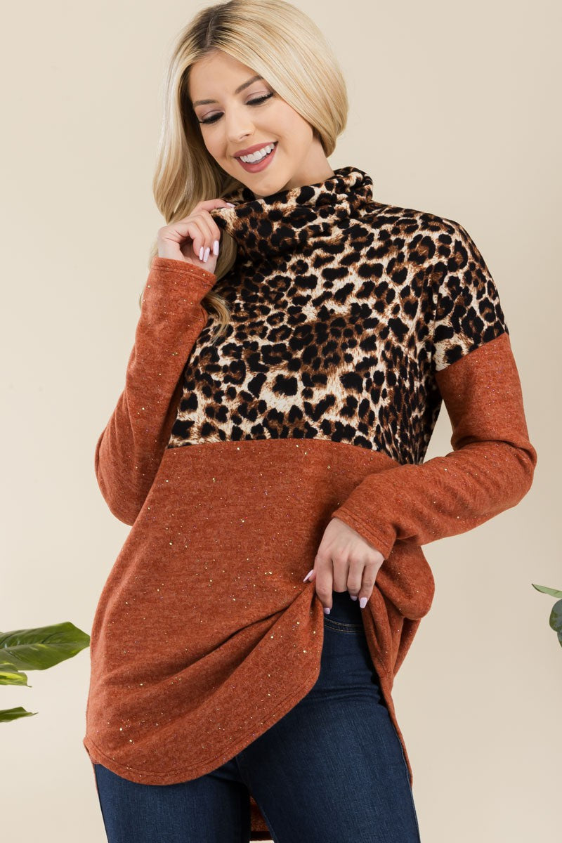 Blue Zone Planet | Celeste Full Size Curved Hem Leopard Turtleneck Long Sleeve Blouse-TOPS / DRESSES-[Adult]-[Female]-2022 Online Blue Zone Planet