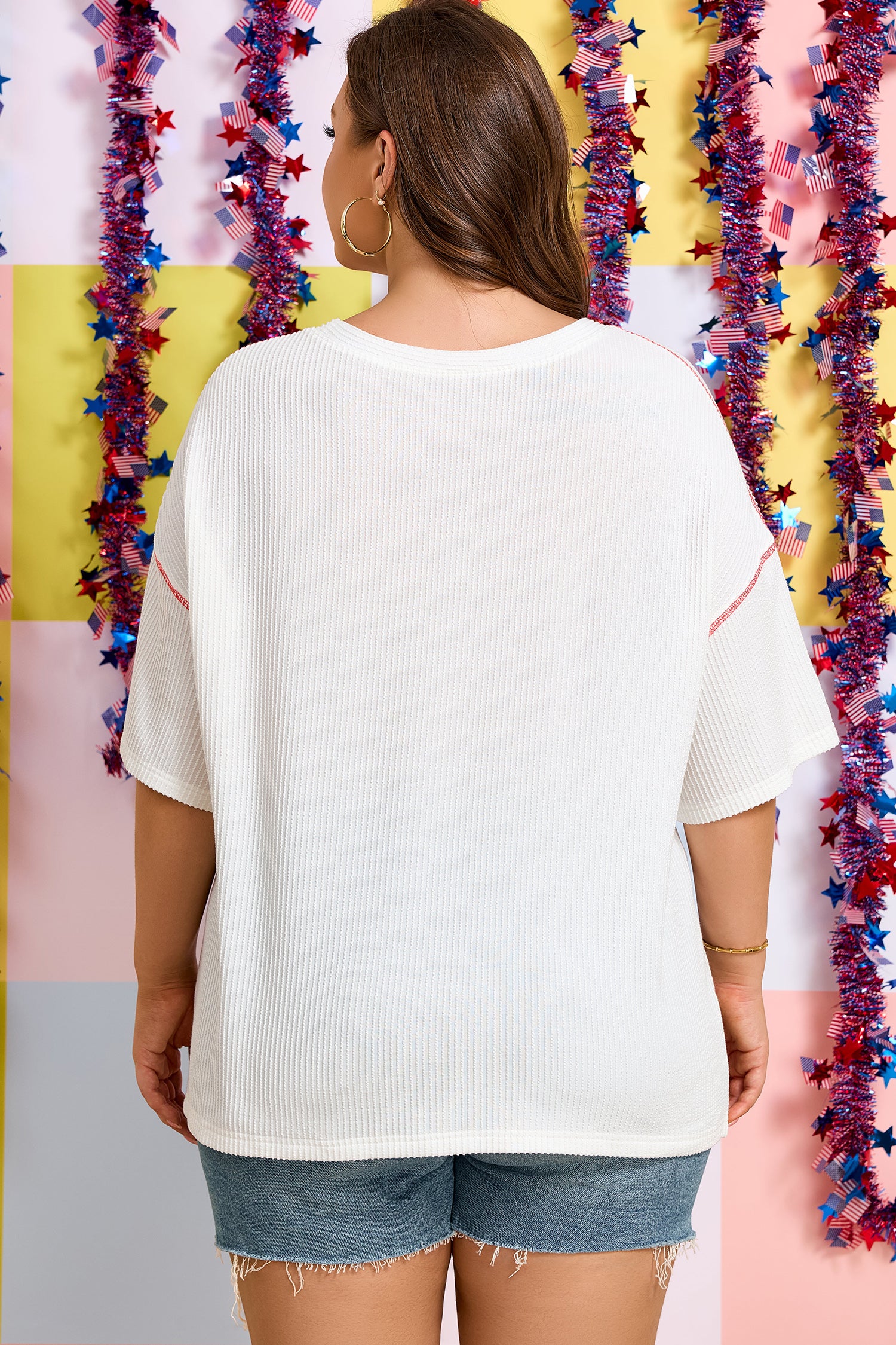 White Plus Size Twisted Rib Vintage Usa Letter Printed T Shirt-Plus Size/Plus Size Tops/Plus Size Tops & Tees-[Adult]-[Female]-2022 Online Blue Zone Planet