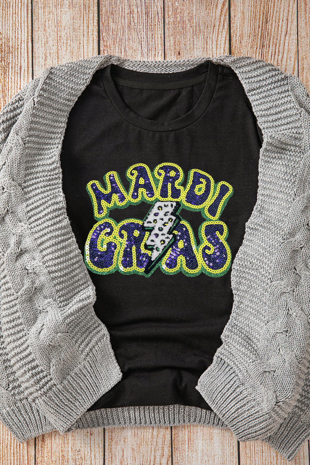 Black Sequin MARDI GRAS Letter Crewneck Tee-Graphic Tees-[Adult]-[Female]-2022 Online Blue Zone Planet