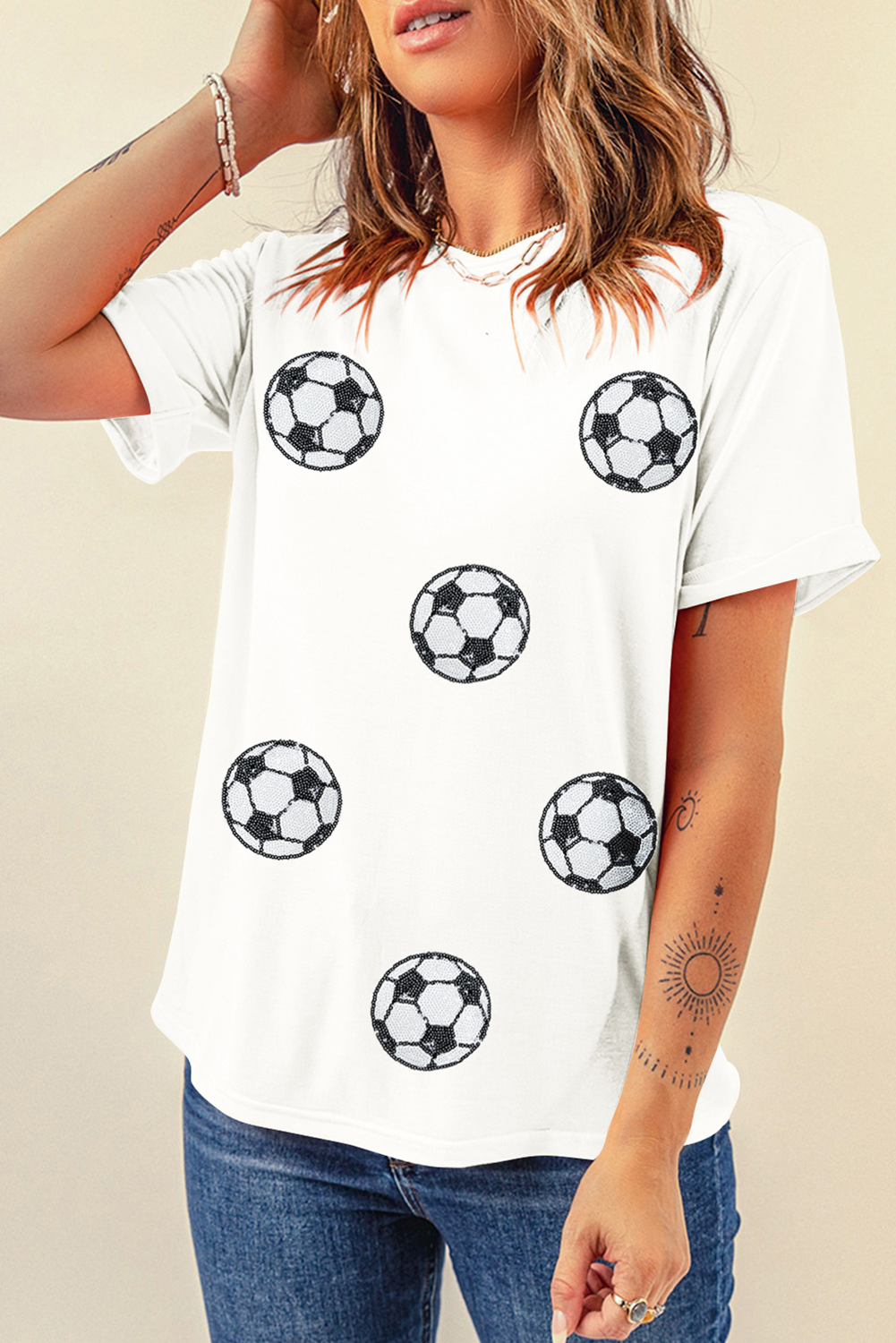 White Sequin Football Patched Graphic Game Day T Shirt-Graphic/Graphic Tees-[Adult]-[Female]-2022 Online Blue Zone Planet