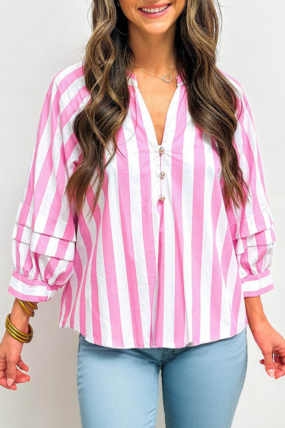 Rose Stripe Split Neck Button Decor Front Puff Sleeve Blouse-Tops/Blouses & Shirts-[Adult]-[Female]-Rose Stripe-S-2022 Online Blue Zone Planet