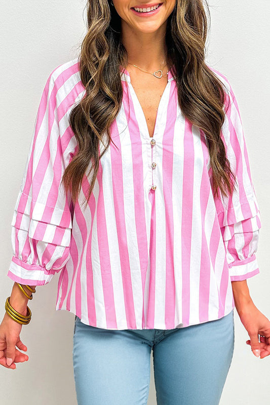 Rose Stripe Split Neck Button Decor Front Puff Sleeve Blouse-Tops/Blouses & Shirts-[Adult]-[Female]-Rose Stripe-S-2022 Online Blue Zone Planet