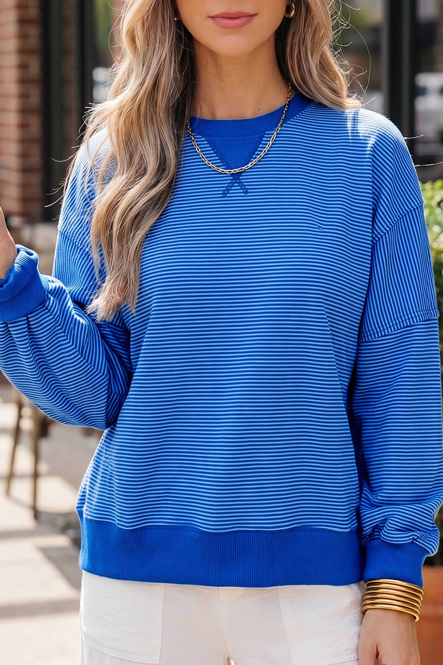 Blue Stripe Ribbed Cuffs Hem Long Sleeve Pullover Top-Tops/Long Sleeve Tops-[Adult]-[Female]-Blue Stripe-S-2022 Online Blue Zone Planet