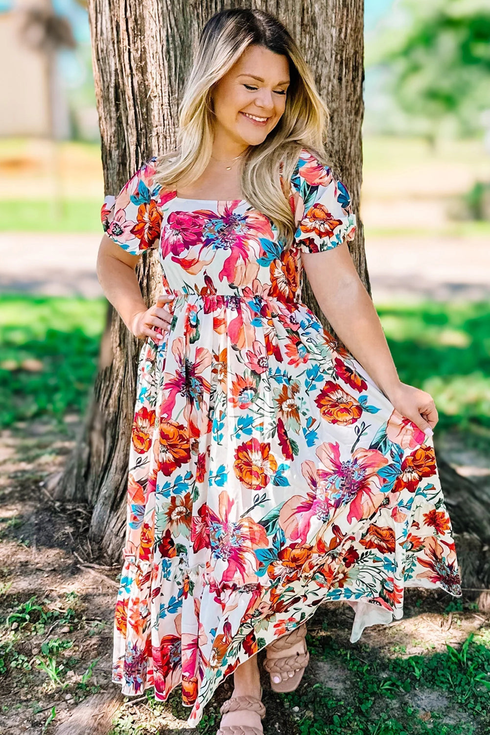 White Floral Square Neck Puff Sleeve Flowy Plus Size Midi Dress-Plus Size Dresses-[Adult]-[Female]-2022 Online Blue Zone Planet