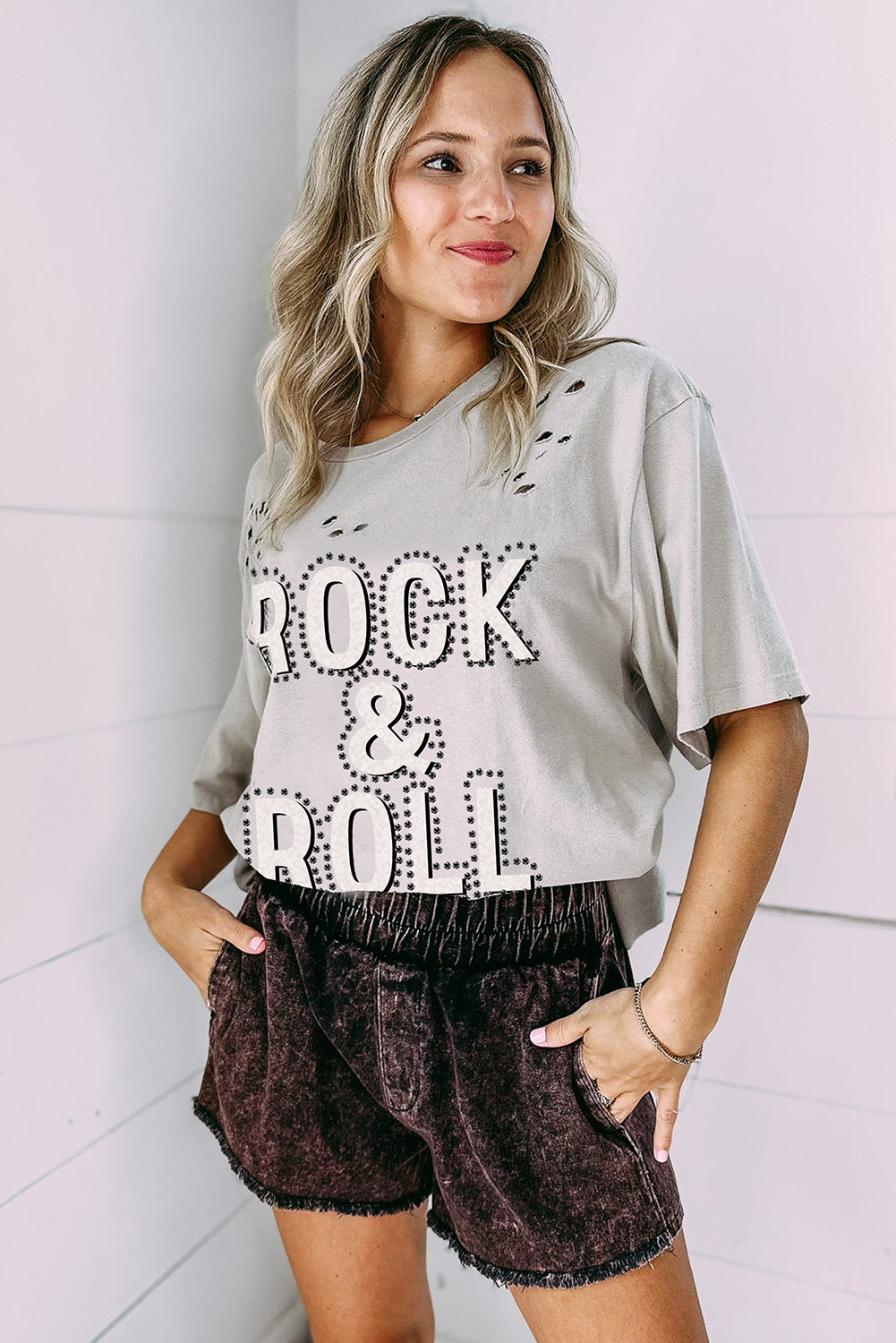 Gray Rock & Roll Graphic Distressed Vintage Tee-Tops/Tops & Tees-[Adult]-[Female]-2022 Online Blue Zone Planet