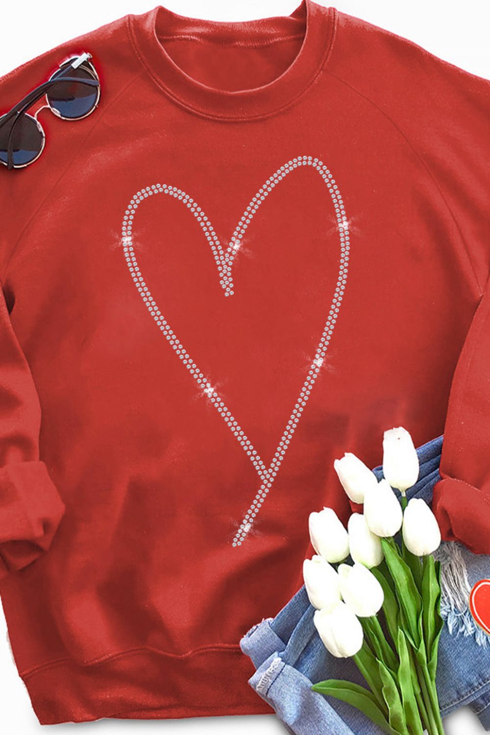 Valentine's Day Rhinestone Heart Long Sleeve Sweatshirt-TOPS / DRESSES-[Adult]-[Female]-2022 Online Blue Zone Planet