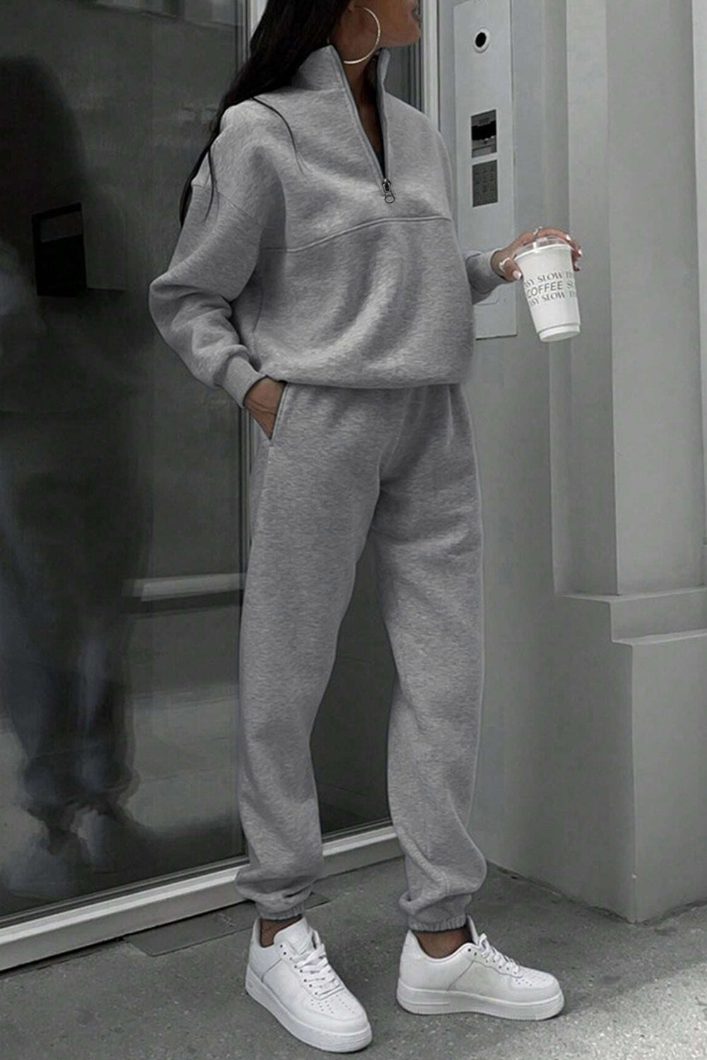 Light Grey Half Zip Drop Shoulder Sweatshirt And Sweatpants Two Piece Set-Two Piece Pants Sets-[Adult]-[Female]-2022 Online Blue Zone Planet