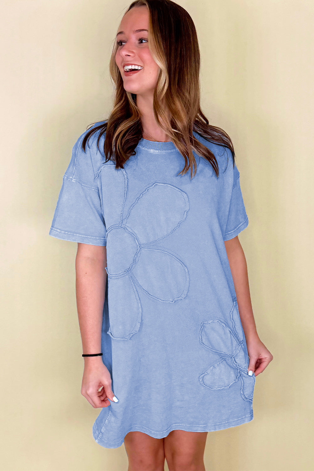 Sky Blue Mineral Wash Flower Patchwork Mini T Shirt Dress-TOPS / DRESSES-[Adult]-[Female]-2022 Online Blue Zone Planet
