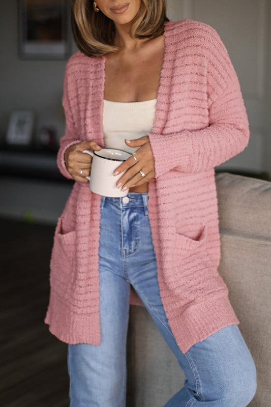 Light Pink Open Front Soft Fuzzy Ribbed Sweater Cardigan-Sweaters & Cardigans/Cardigans-[Adult]-[Female]-Light Pink-S-2022 Online Blue Zone Planet