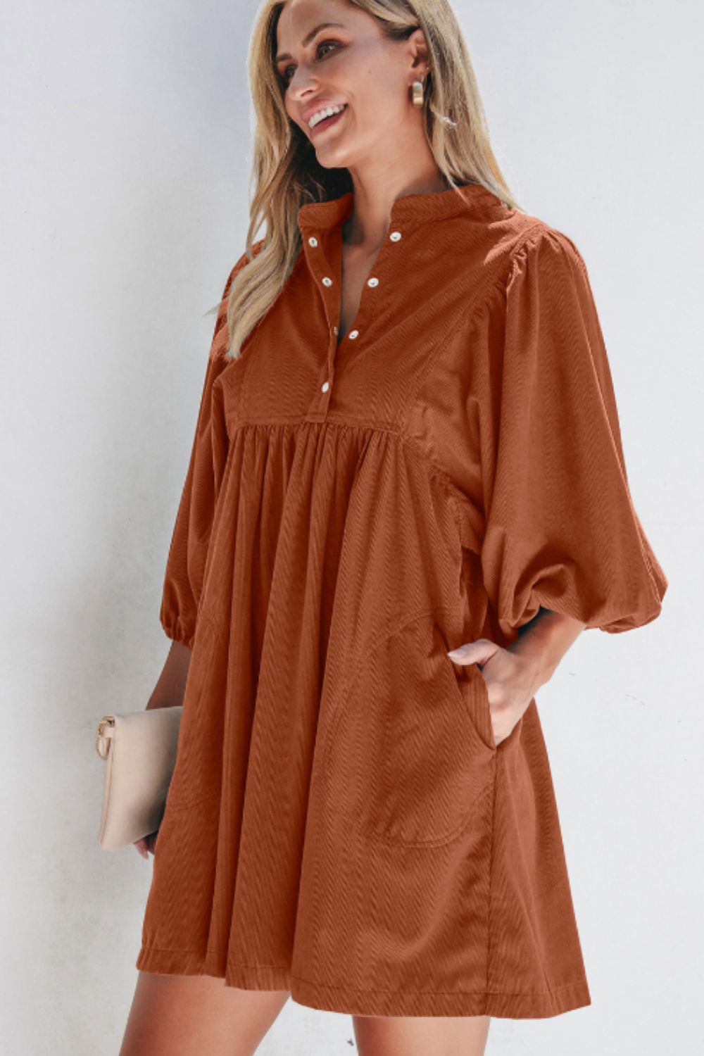 Corduroy Quarter Snap Three-Quarter Sleeve Dress-TOPS / DRESSES-[Adult]-[Female]-2022 Online Blue Zone Planet