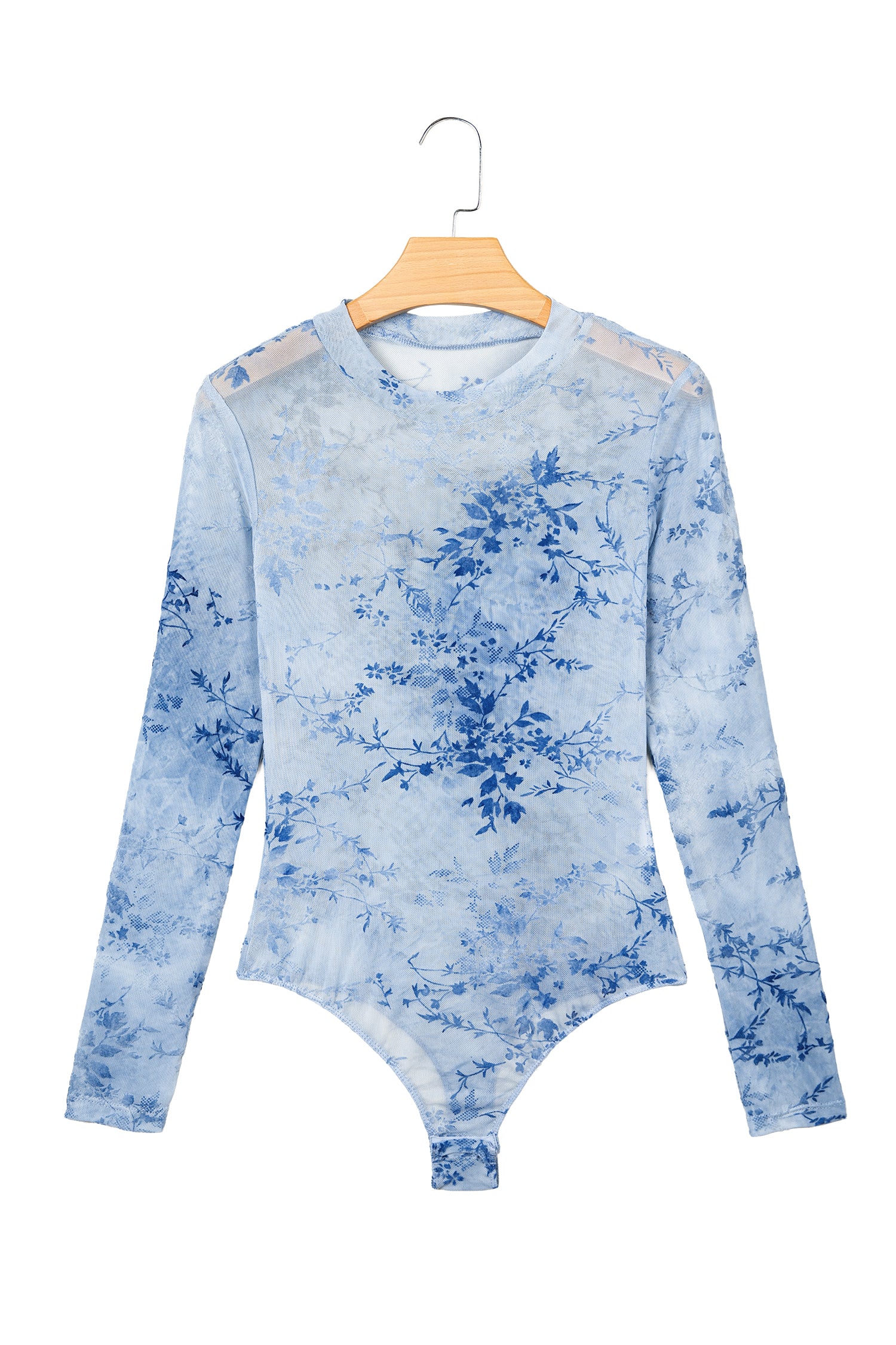 Sky Blue Sheer Mesh Floral Printed Mock Neck Long Sleeve Bodysuit-Tops/Bodysuits-[Adult]-[Female]-2022 Online Blue Zone Planet