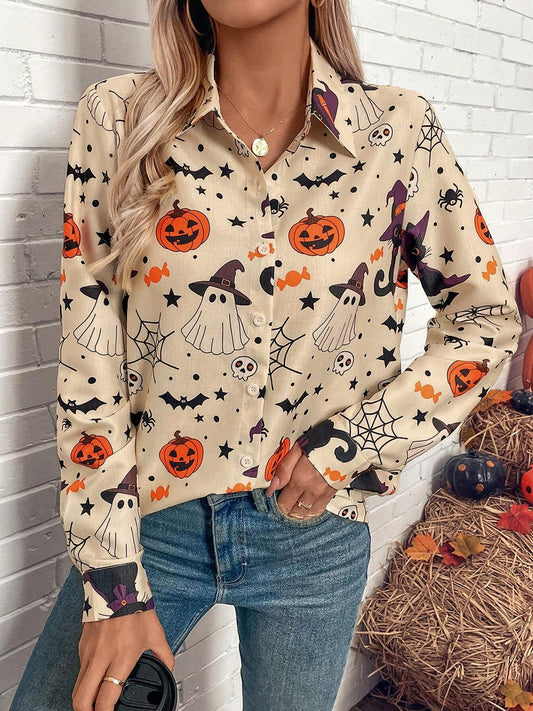 Blue Zone Planet | Halloween Printed Collared Neck Long Sleeve Shirt-TOPS / DRESSES-[Adult]-[Female]-Tan-S-2022 Online Blue Zone Planet