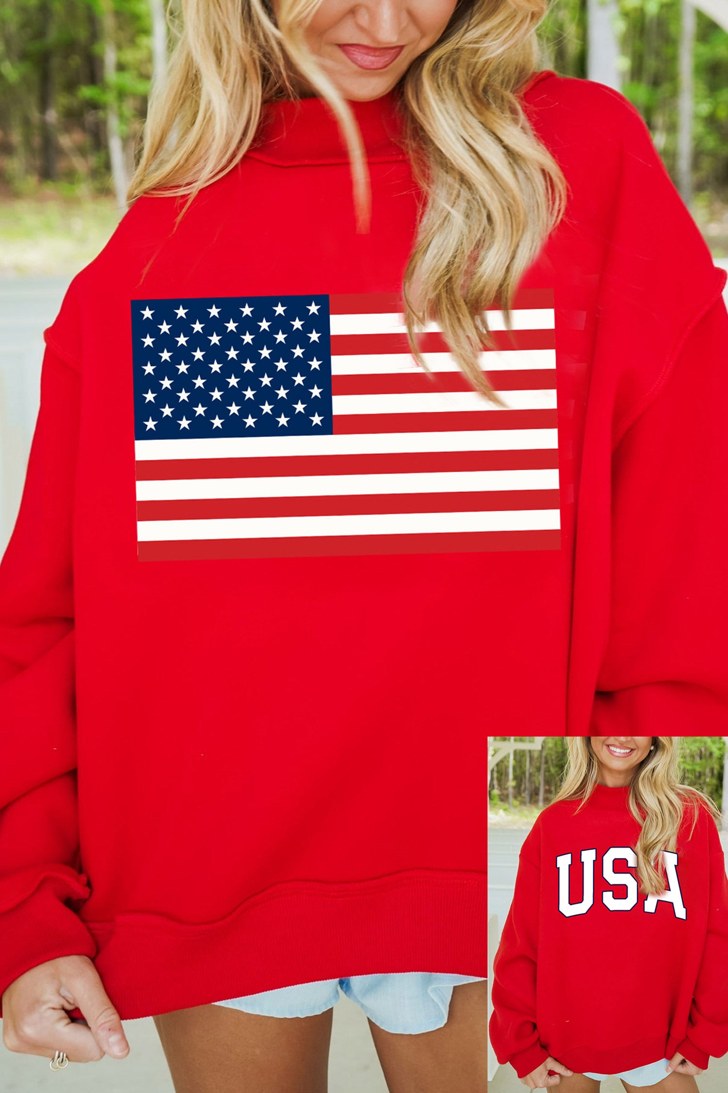 Racing Red American Flag/ USA Double Side Print Reversible Mock Neck Sweatshirt-Graphic/Graphic Sweatshirts-[Adult]-[Female]-Racing Red-S-2022 Online Blue Zone Planet