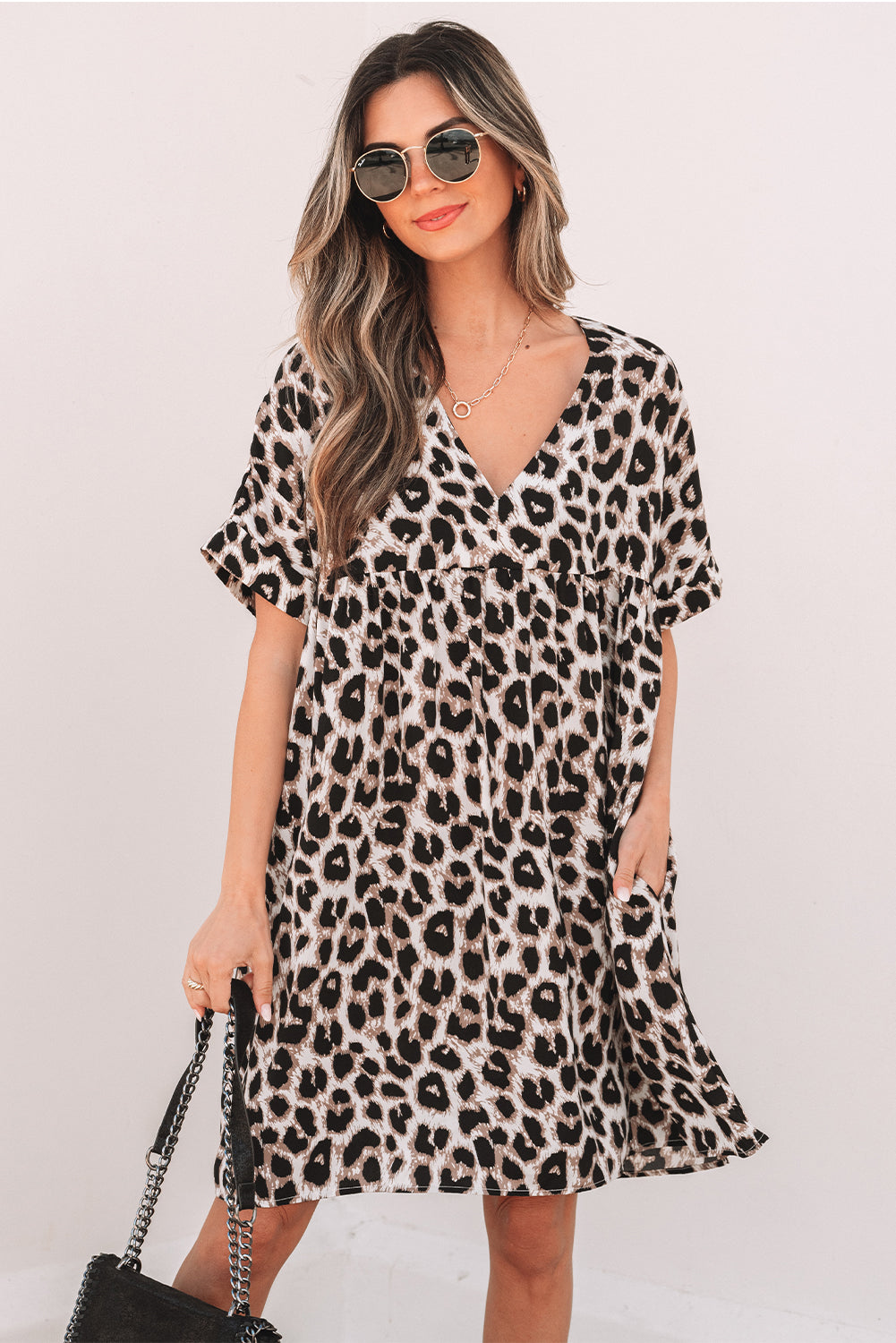 Khaki Cheetah Print Backless V Neck Loose Fit Mini Dress-TOPS / DRESSES-[Adult]-[Female]-2022 Online Blue Zone Planet