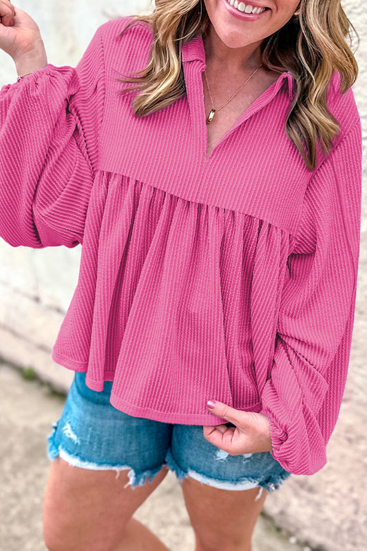 Bright Pink Corded Turn-down V Neck Bubble Sleeve Babydoll Blouse-Tops/Blouses & Shirts-[Adult]-[Female]-Bright Pink-S-2022 Online Blue Zone Planet