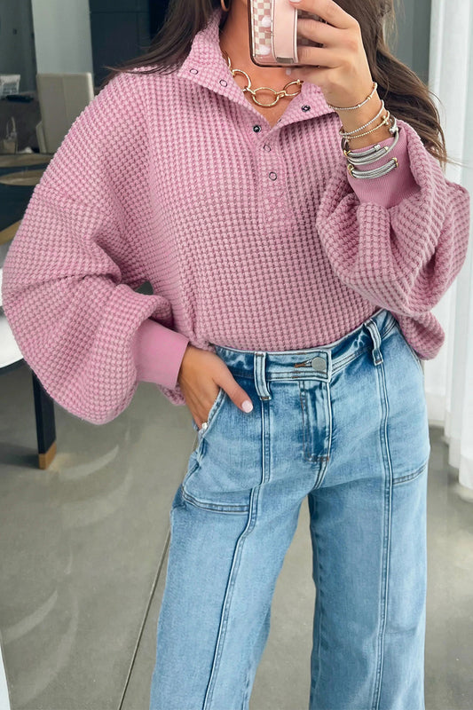Light Pink Solid Color Textured Snap Button Collared Baggy Top-Tops/Long Sleeve Tops-[Adult]-[Female]-Light Pink-S-2022 Online Blue Zone Planet