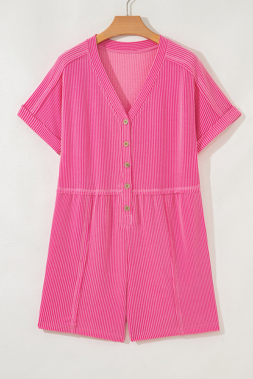Bright Pink Spiral Ribbed Short Sleeve V Neck Buttoned Romper with Pocket-Bottoms/Jumpsuits & Rompers-[Adult]-[Female]-2022 Online Blue Zone Planet