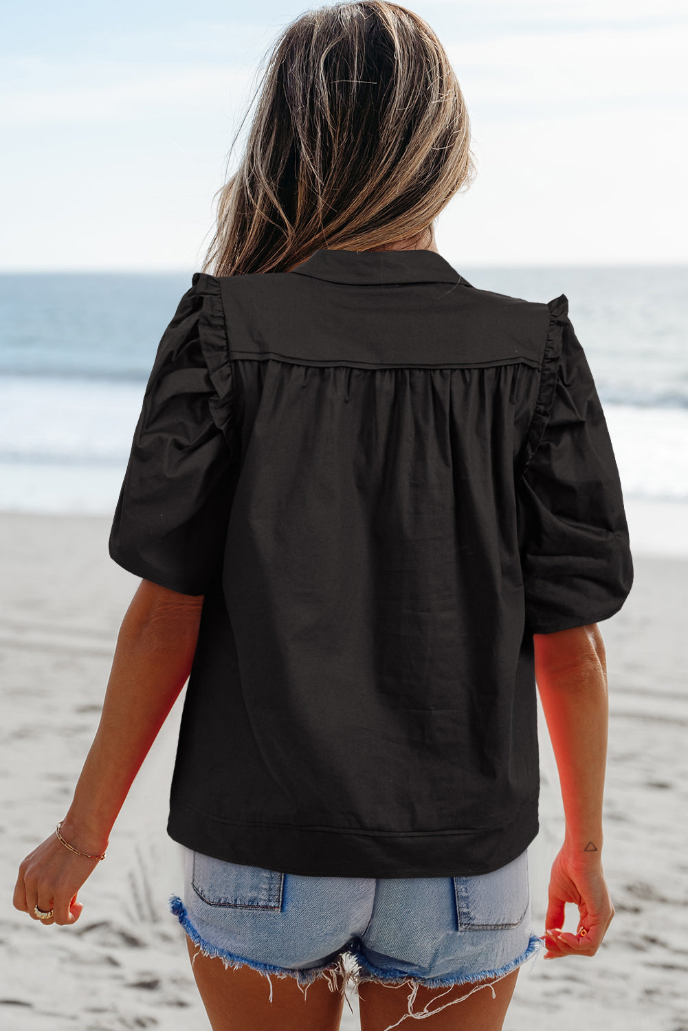 Black Frilly Puff Sleeve Stylish Collared Shirt-Tops/Blouses & Shirts-[Adult]-[Female]-2022 Online Blue Zone Planet