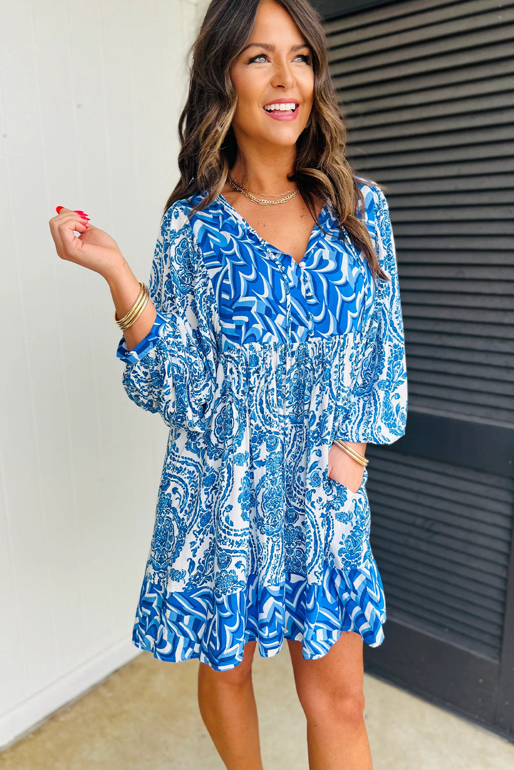 Blue Zone Planet | Sky Blue Bohemian Print Puff Sleeve Tied V Neck Flared Mini Dress-TOPS / DRESSES-[Adult]-[Female]-2022 Online Blue Zone Planet