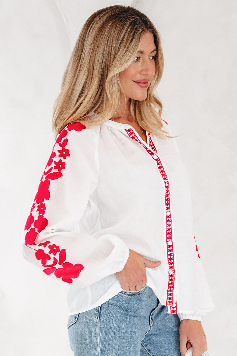 White Floral Embroidered Puff Long Sleeve Casual Shirt-Tops/Blouses & Shirts-[Adult]-[Female]-2022 Online Blue Zone Planet