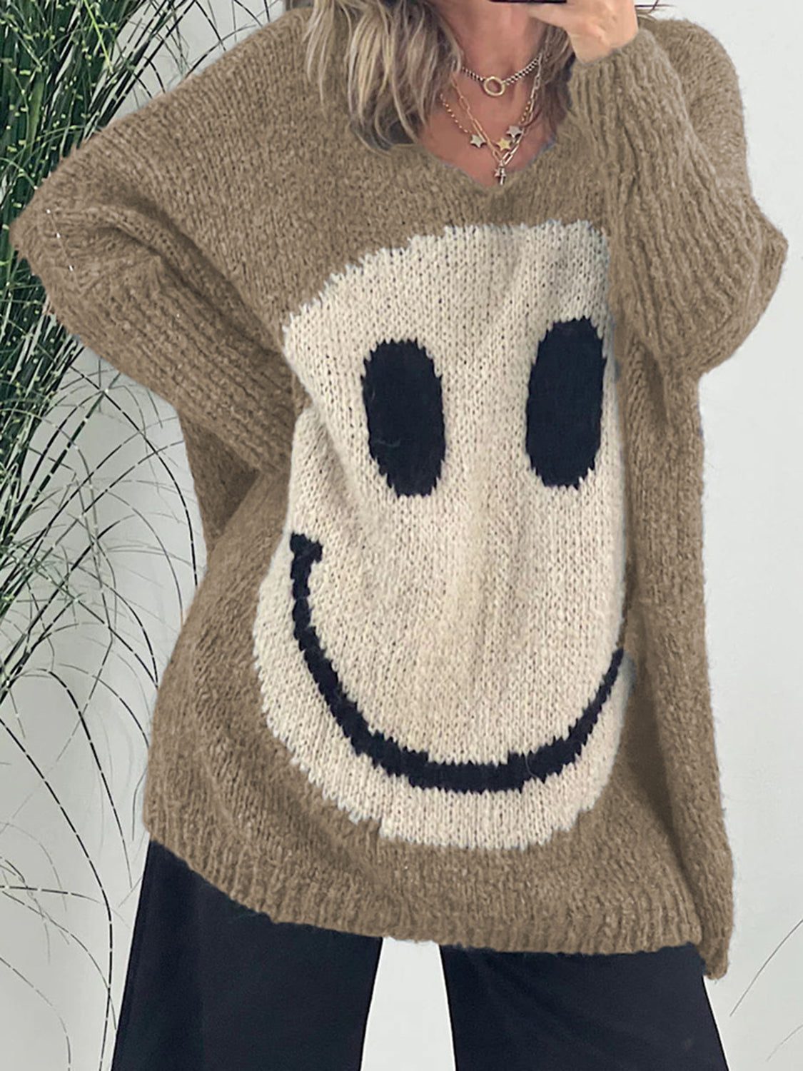 Smiling Face V-Neck Long Sleeve Sweater-TOPS / DRESSES-[Adult]-[Female]-Camel-S /M-2022 Online Blue Zone Planet