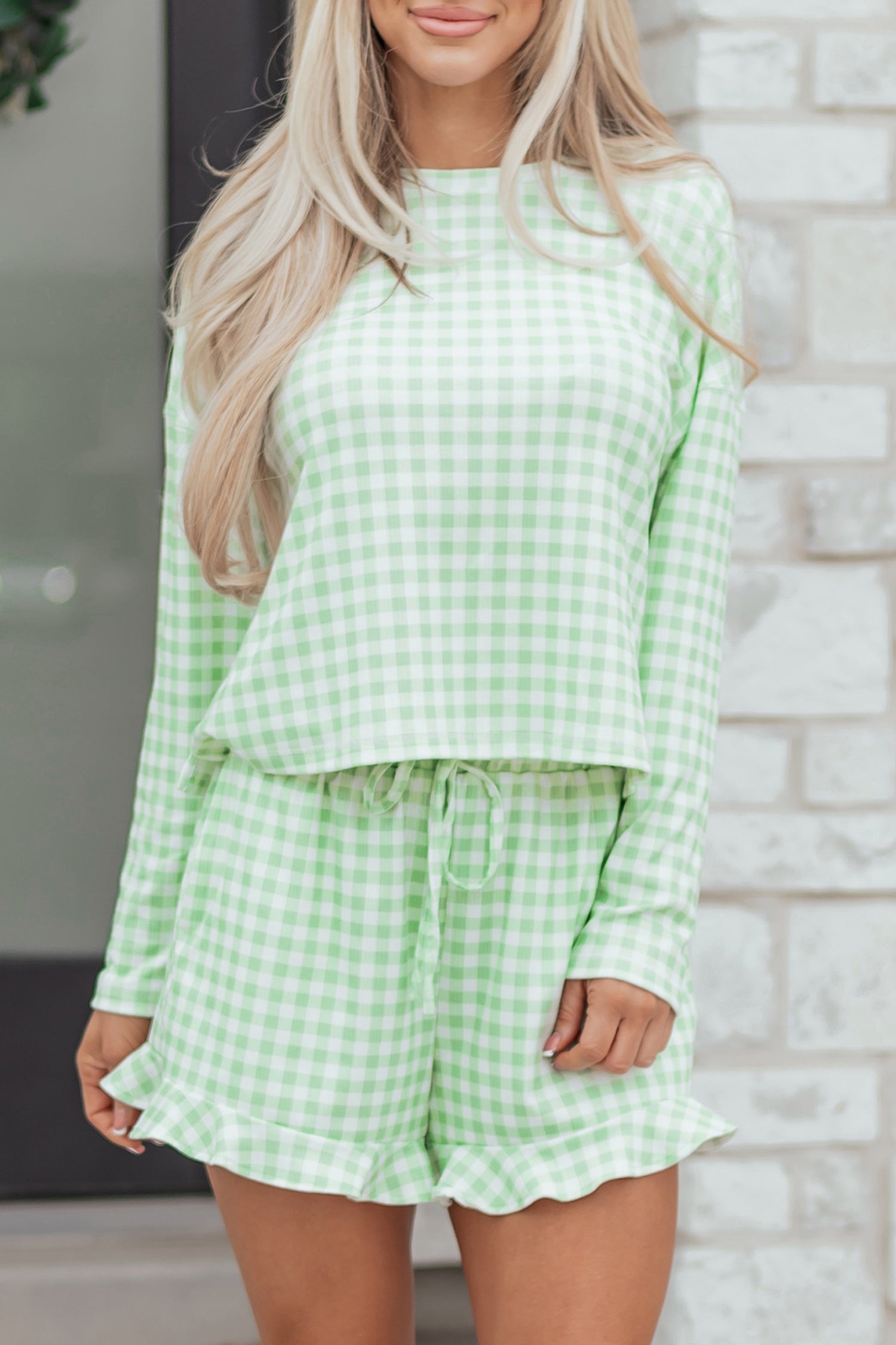 Green Gingham Long Sleeve Loose Top Drawstring Shorts 2pcs Lounge Set-Loungewear & Sleepwear/Loungewear-[Adult]-[Female]-2022 Online Blue Zone Planet