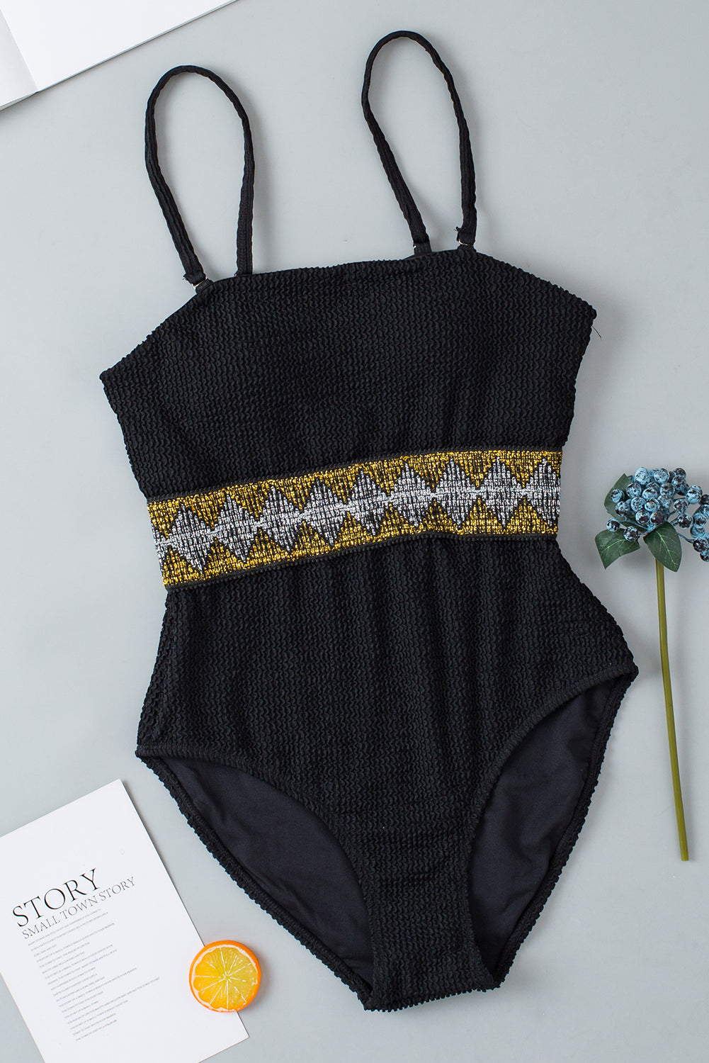 Black Geometric Trim High Waist Strapless One Piece Swimsuit Blue Zone Planet