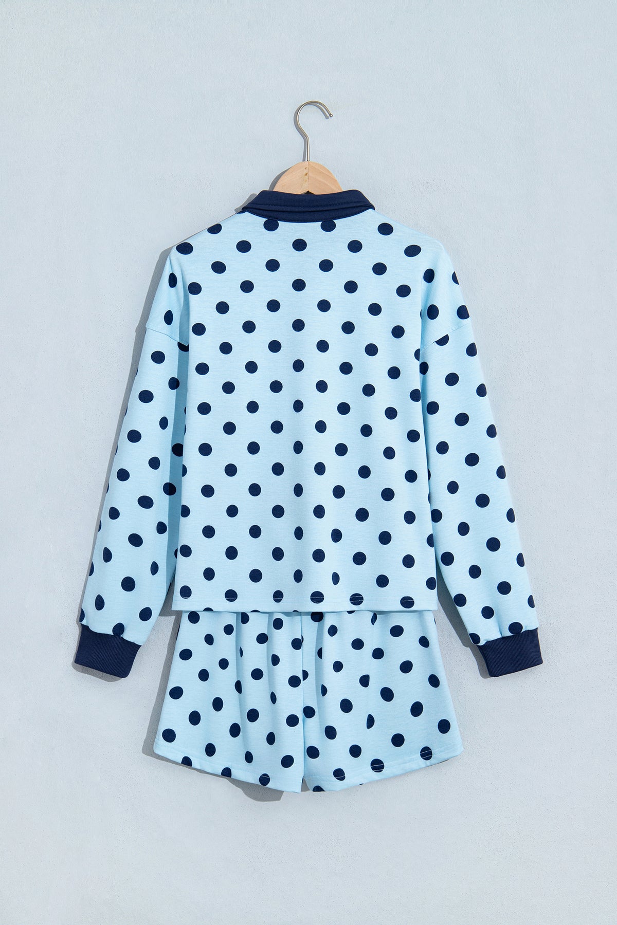 Sky Blue Polka Dot Drop Shoulder Polo Loose Pullover Patch Pocket Casual Shorts Set-Two Piece Sets/Short Sets-[Adult]-[Female]-2022 Online Blue Zone Planet