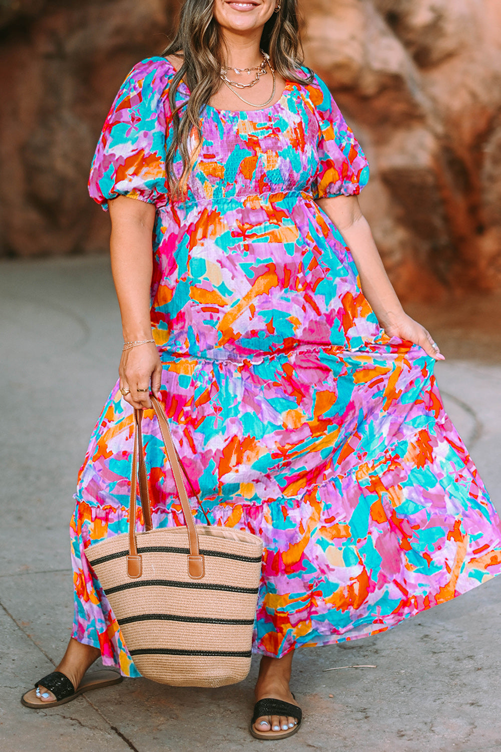 Blue Zone Planet | Multicolour Plus Size Floral Smocked Puff Sleeve Maxi Dress-TOPS / DRESSES-[Adult]-[Female]-2022 Online Blue Zone Planet