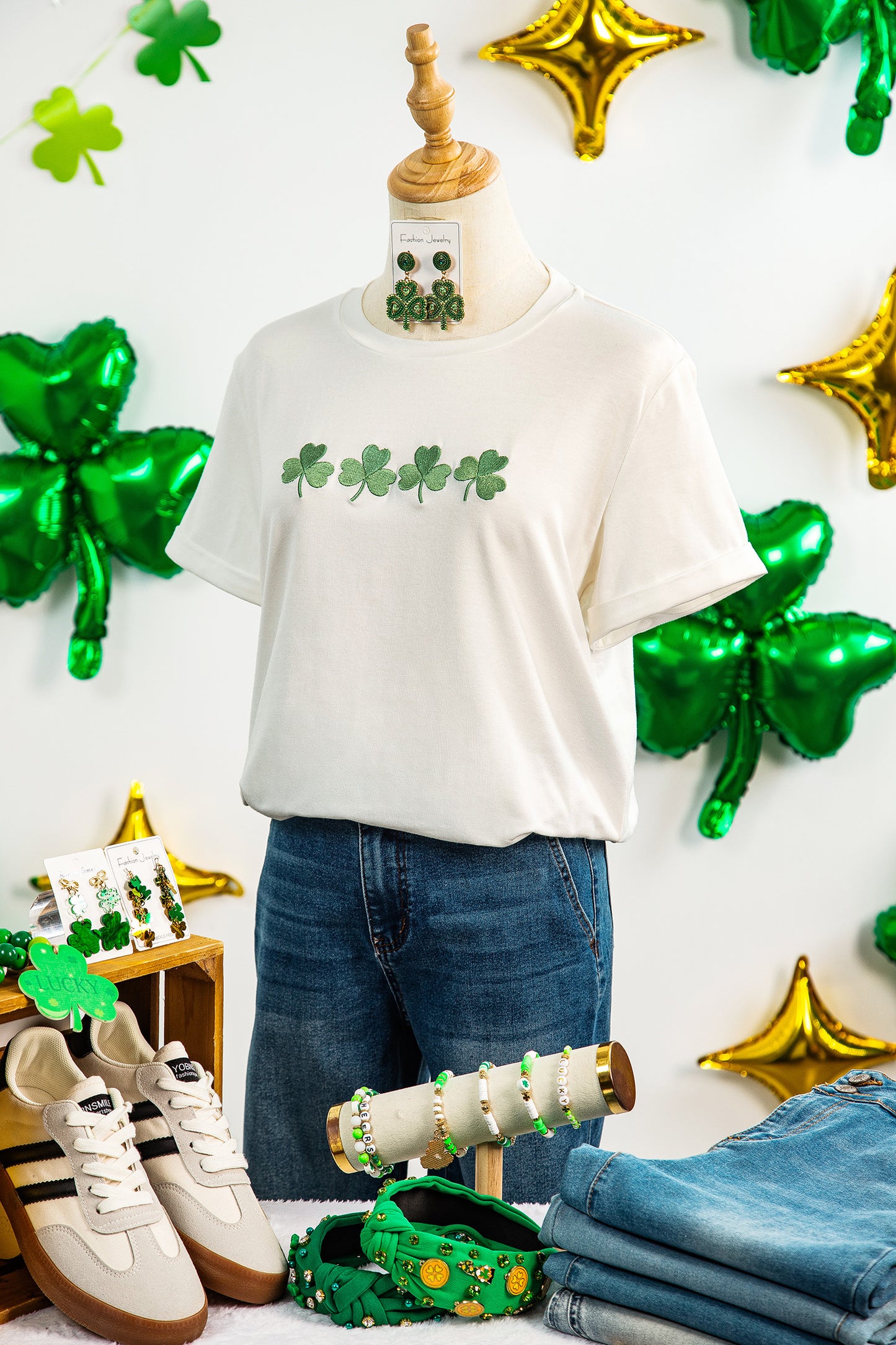 White Embroidered Clover St Patricks Fashion Graphic Tee-Graphic/Graphic Tees-[Adult]-[Female]-2022 Online Blue Zone Planet