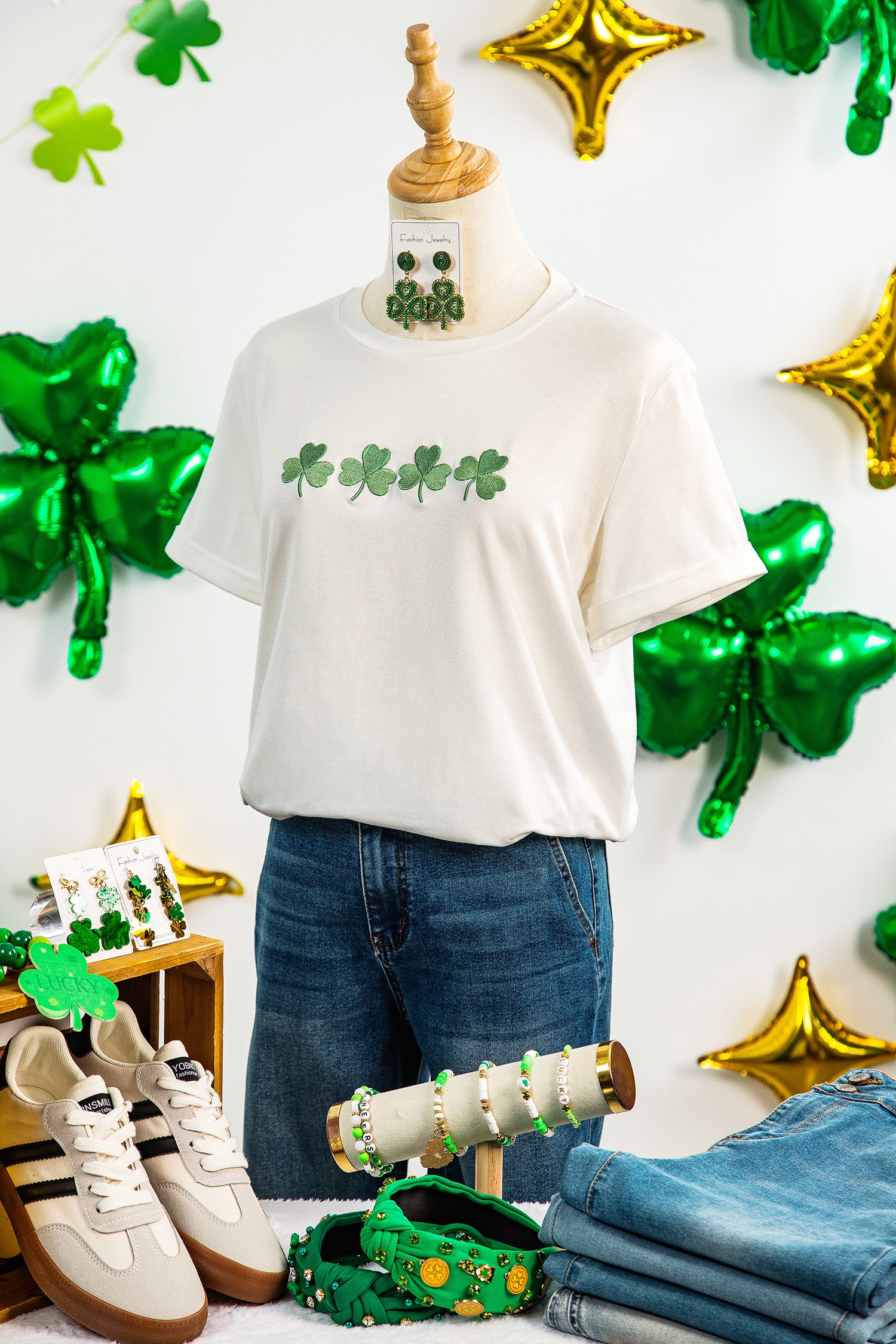 White Embroidered Clover St Patricks Fashion Graphic Tee-Graphic/Graphic Tees-[Adult]-[Female]-2022 Online Blue Zone Planet