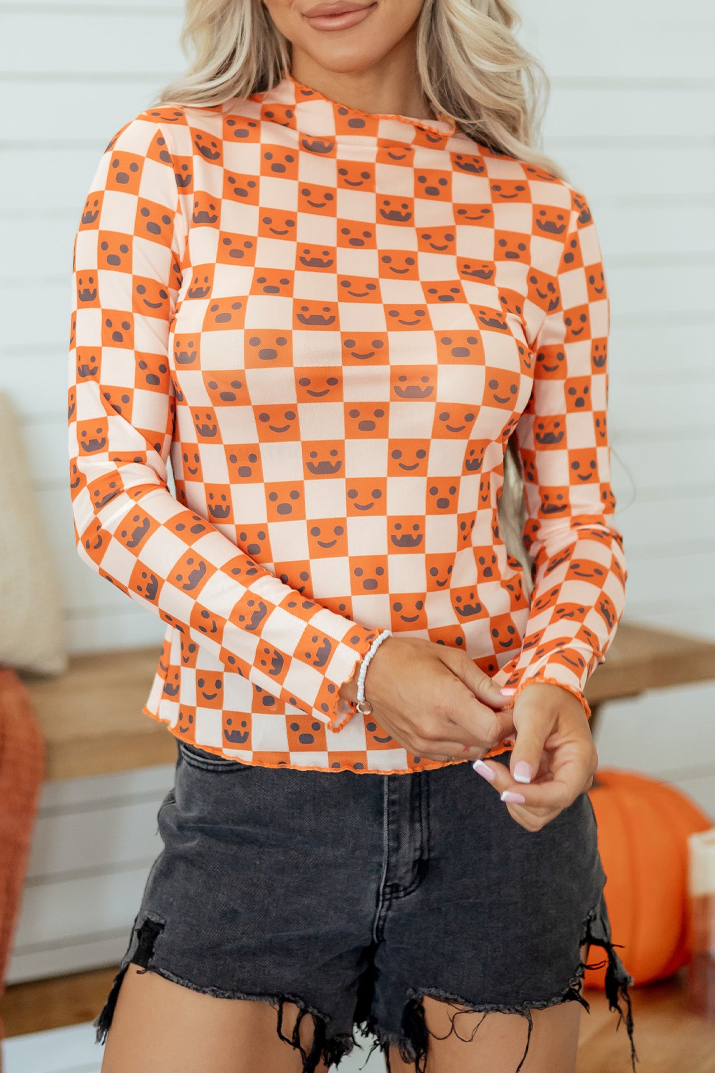 Orange Abstract Halloween Pattern Long Sleeve Stand Neck Shift Blouse