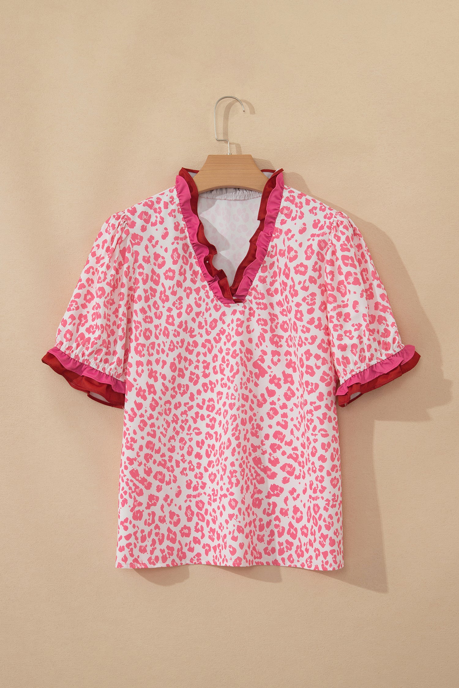 Pink Stripe Ruffled Trim V Neck Leopard Print Short Sleeve Blouse-Tops/Blouses & Shirts-[Adult]-[Female]-2022 Online Blue Zone Planet