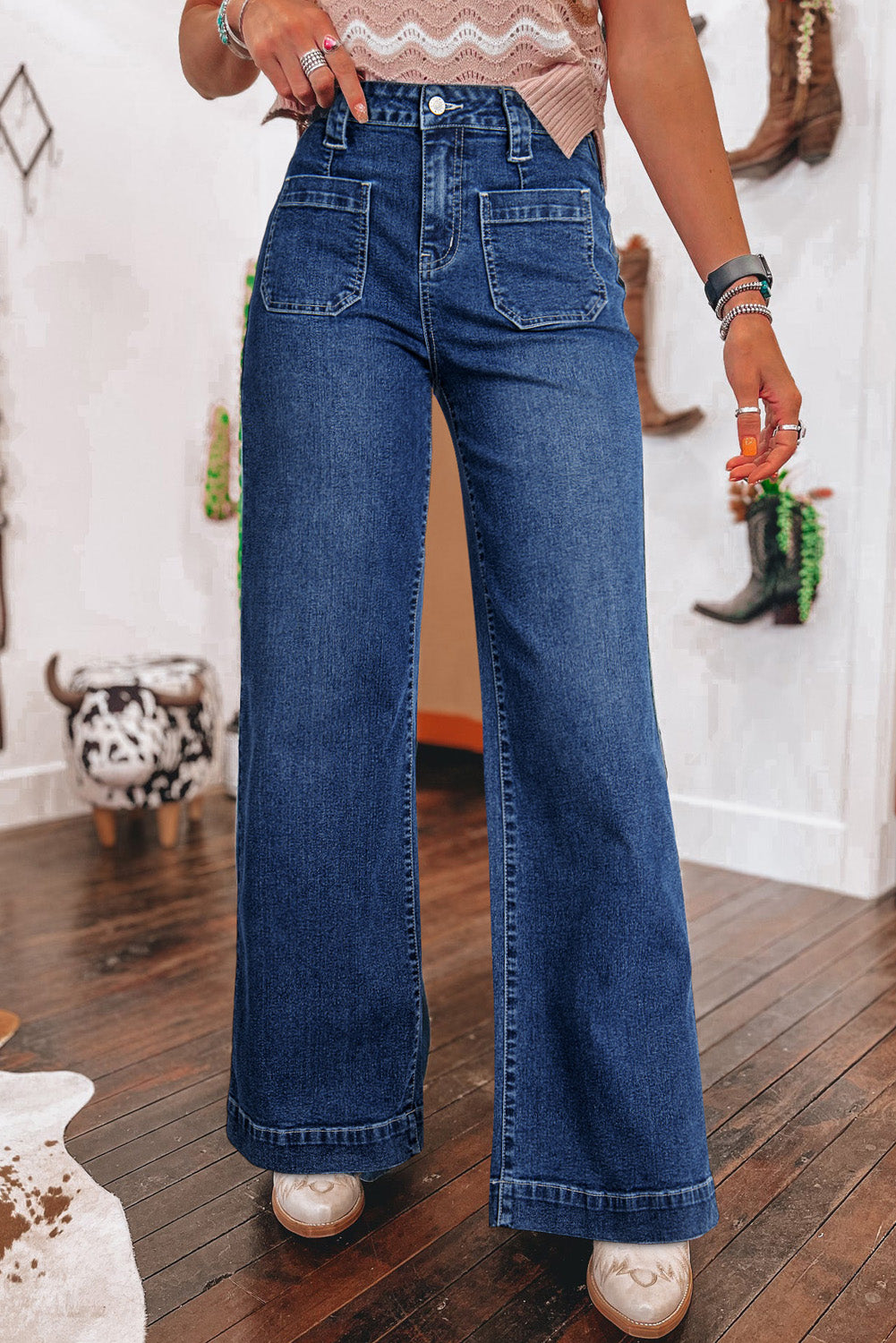 Sail Blue Wide Leg Pocketed High Waist Jeans-Bottoms/Jeans-[Adult]-[Female]-Sail Blue-4-2022 Online Blue Zone Planet