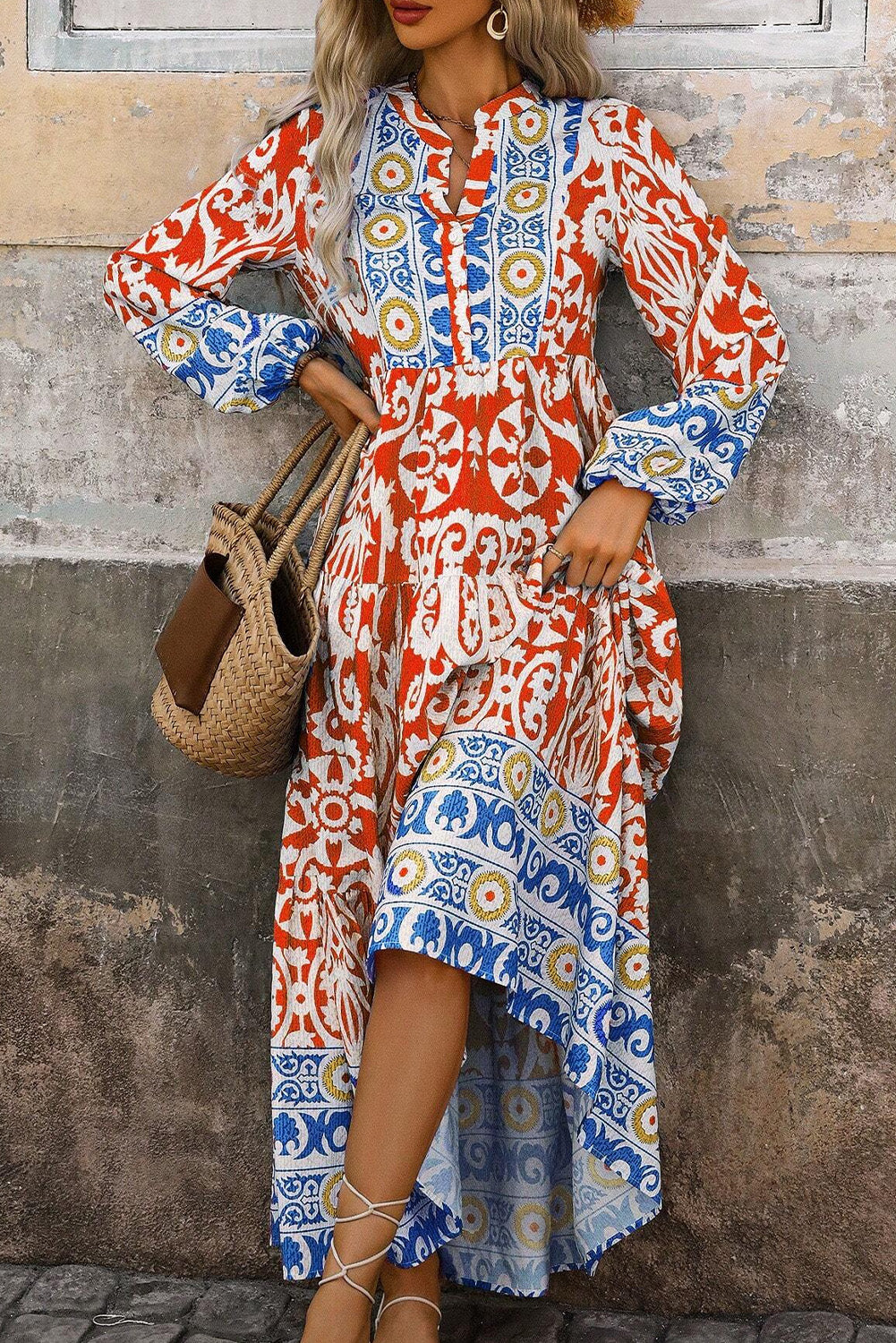 Orange Boho Geometric Printed Long Sleeve Maxi Dress-Dresses/Maxi Dresses-[Adult]-[Female]-2022 Online Blue Zone Planet