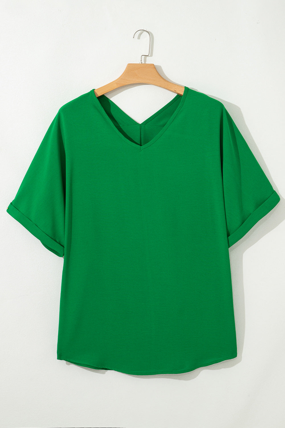 Green Seamed Back High Low Hem V Neck Cuffed Sleeve Plus Size Tee-Plus Size/Plus Size Tops/Plus Size Tops & Tees-[Adult]-[Female]-2022 Online Blue Zone Planet