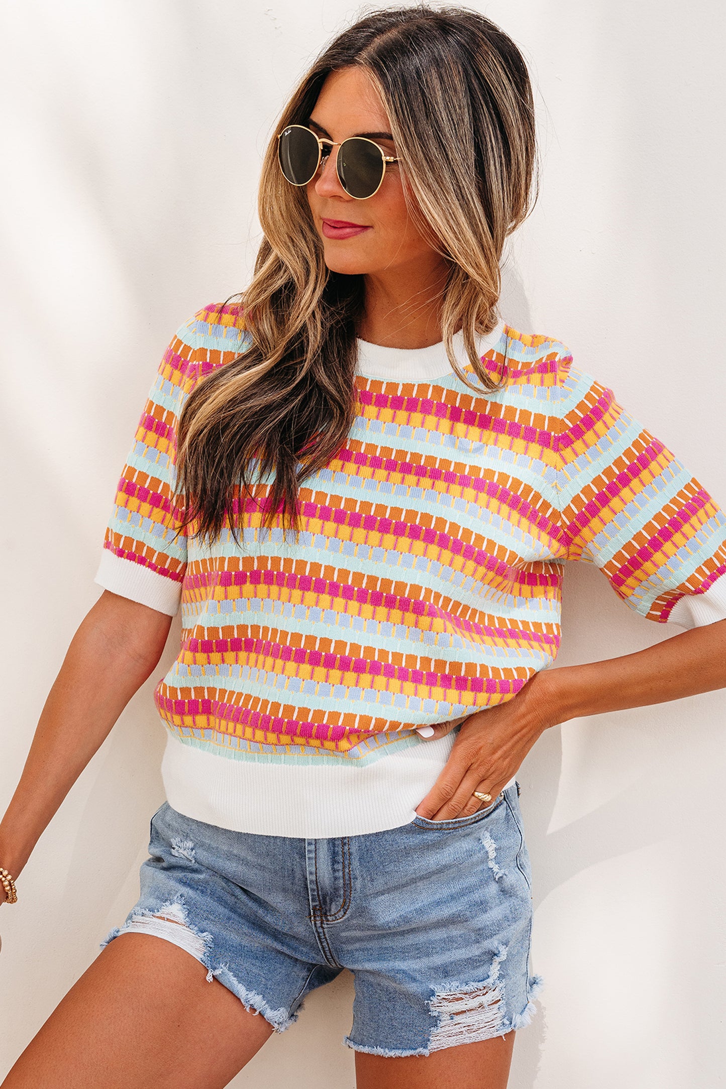 Orange Abstract Striped Knit Short Sleeve Sweater-Sweaters & Cardigans/Short Sleeve Sweaters-[Adult]-[Female]-2022 Online Blue Zone Planet