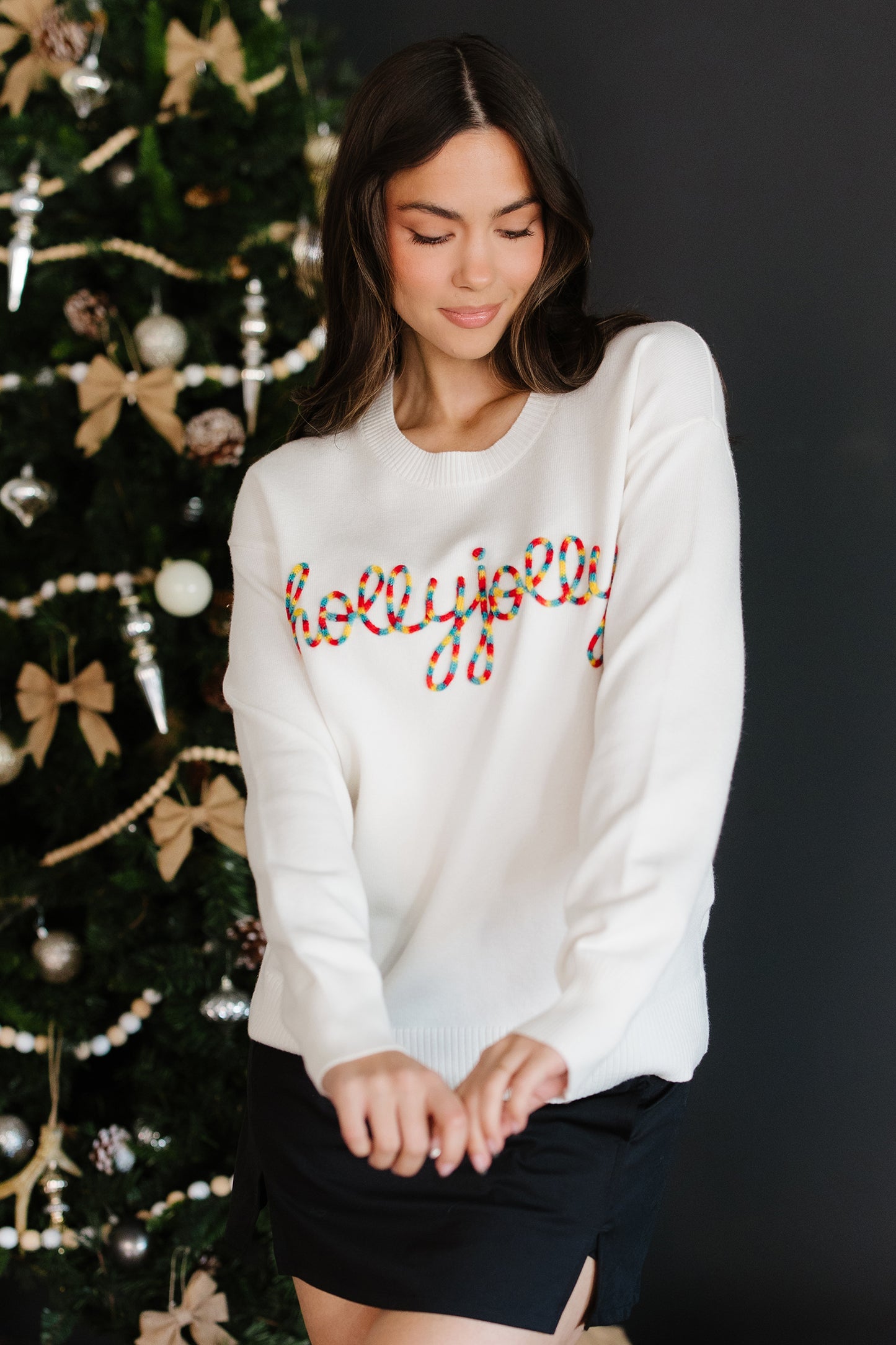 Beige Colorful Holly Jolly Christmas Knit Loose Sweater-TOPS / DRESSES-[Adult]-[Female]-2022 Online Blue Zone Planet
