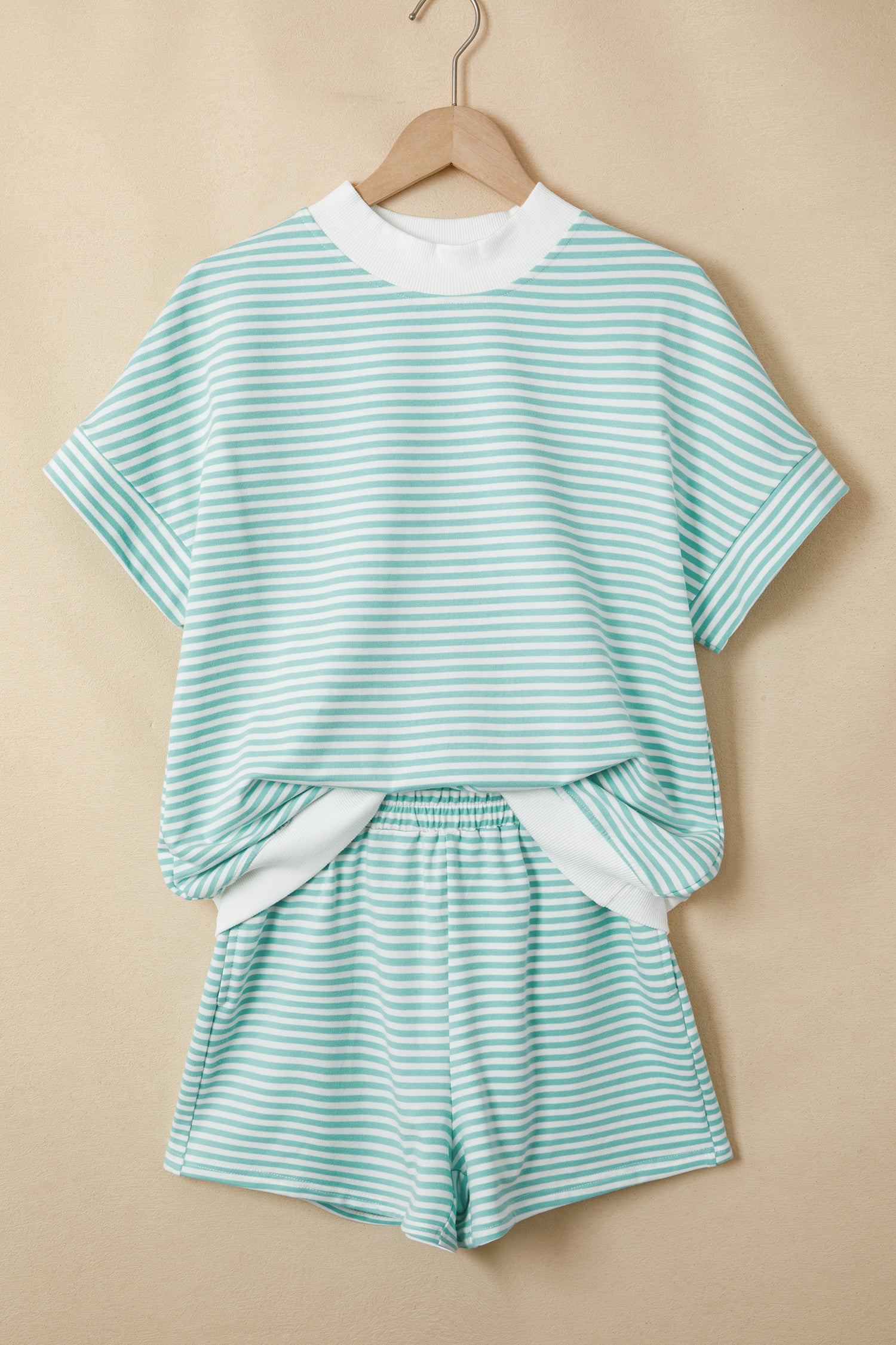 Pink Stripe Cuffed Sleeve Contrast Mock Neck Tee Casual 2pcs Short Set-Two Piece Sets/Short Sets-[Adult]-[Female]-2022 Online Blue Zone Planet