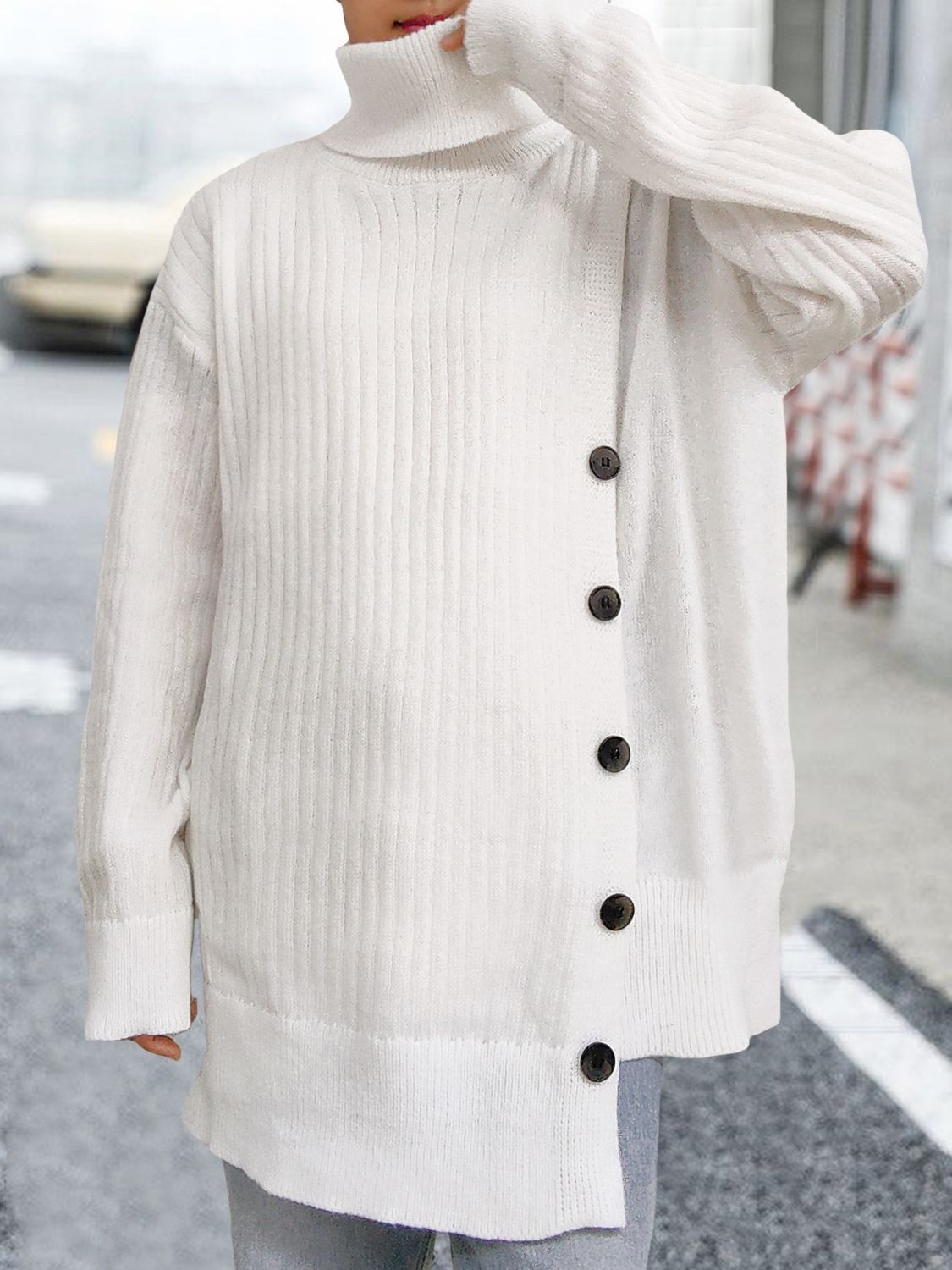 Turtleneck Dropped Shoulder Long Sleeve Sweater-TOPS / DRESSES-[Adult]-[Female]-White-One Size-2022 Online Blue Zone Planet